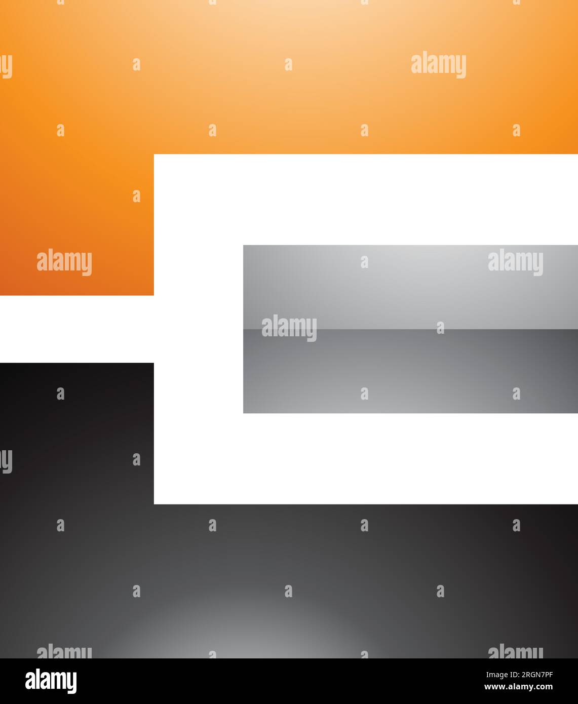 Icona rettangolare e arancione nero e grigio lucida con lettera e su sfondo bianco Illustrazione Vettoriale