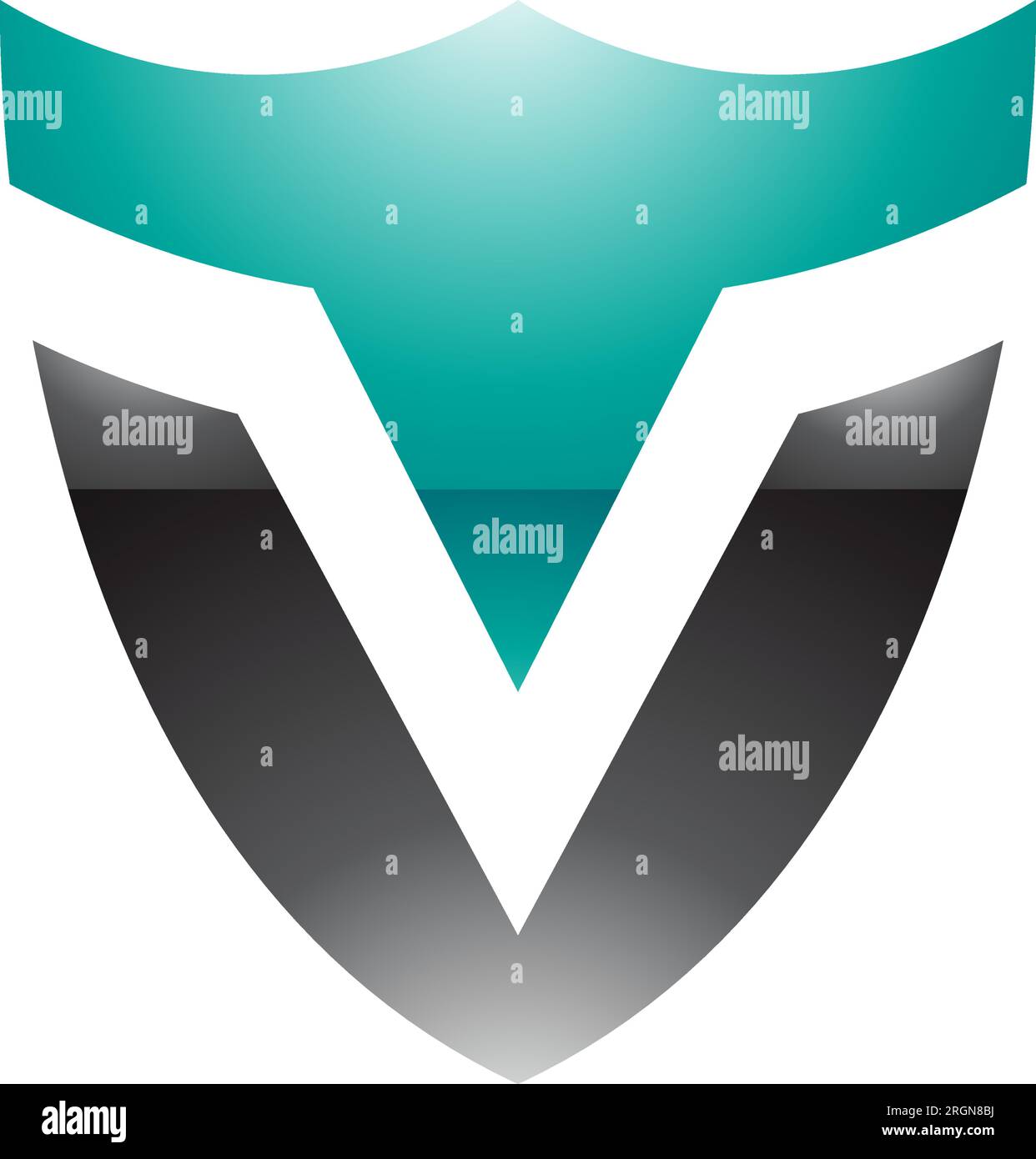 Icona lettera V a forma di scudo lucido Persiano verde e nero su sfondo bianco Illustrazione Vettoriale