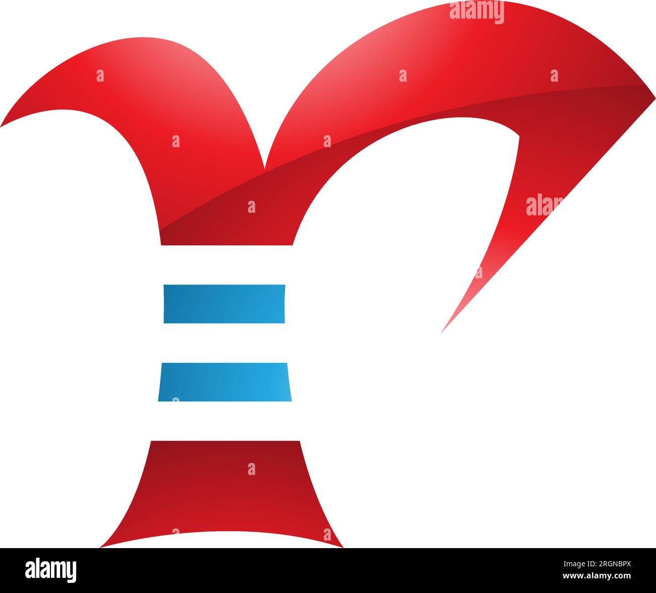 Icona lettera R a strisce lucide rosse e blu su sfondo bianco Illustrazione Vettoriale
