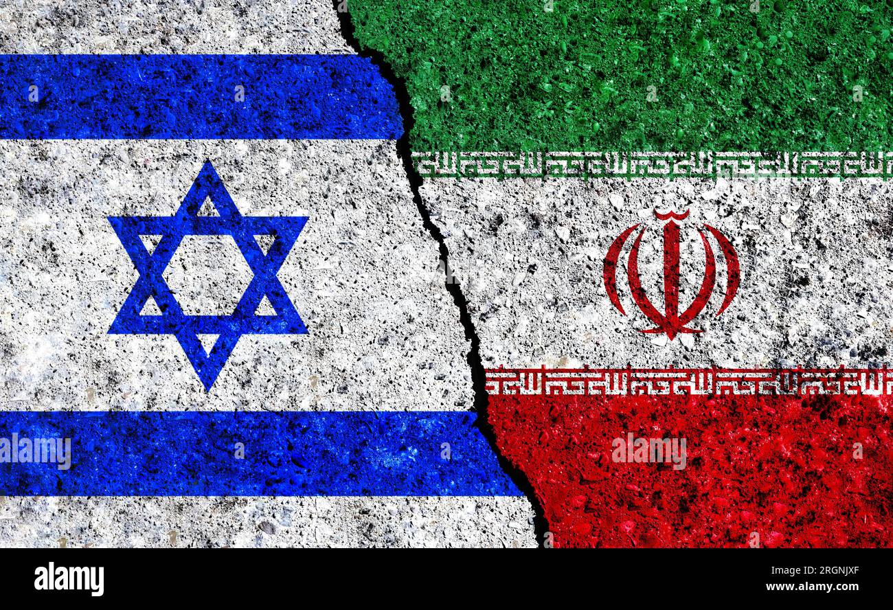 Bandiere di Israele e Iran insieme. Conflitto Iran/Israele. Iran contro Israele Foto Stock