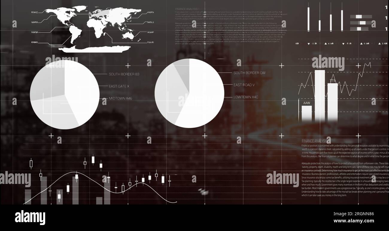 Immagine dell'interfaccia infografica sul paesaggio urbano moderno contro il cielo Foto Stock