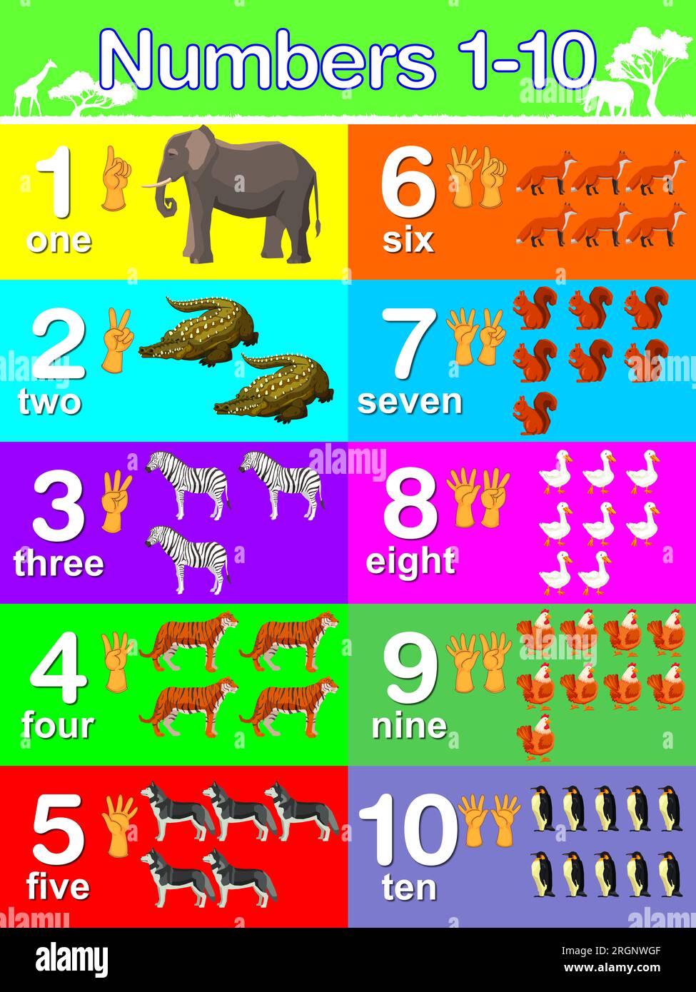 Poster didattico da parete per bambini, numeri 1-10 con gesti delle mani e numero di animali. Poster colorato e accattivante. Foto Stock