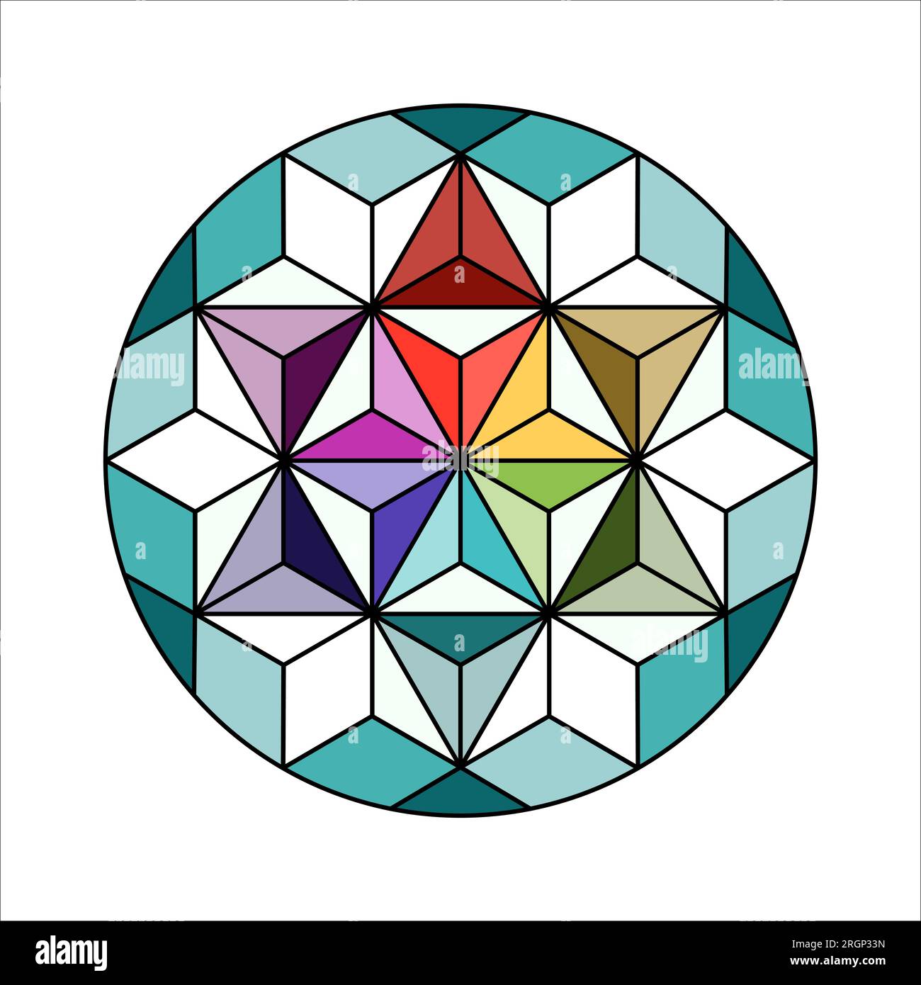 Design geometrico e colorato a forma di mandala con ornamenti a triangolo rotondo Illustrazione Vettoriale