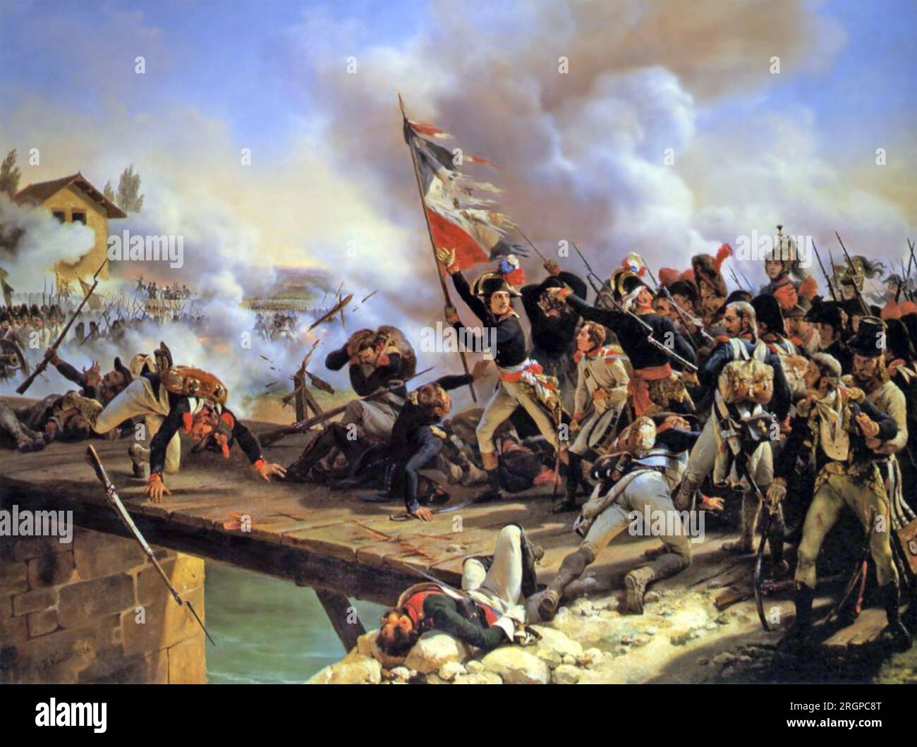 NAPOLEONE BONAPARTE (1769-1821) guida i suoi soldati sul ponte nella battaglia di Arcole del 15-17 novembre 1796. Dipinto di Horace Vernet Foto Stock