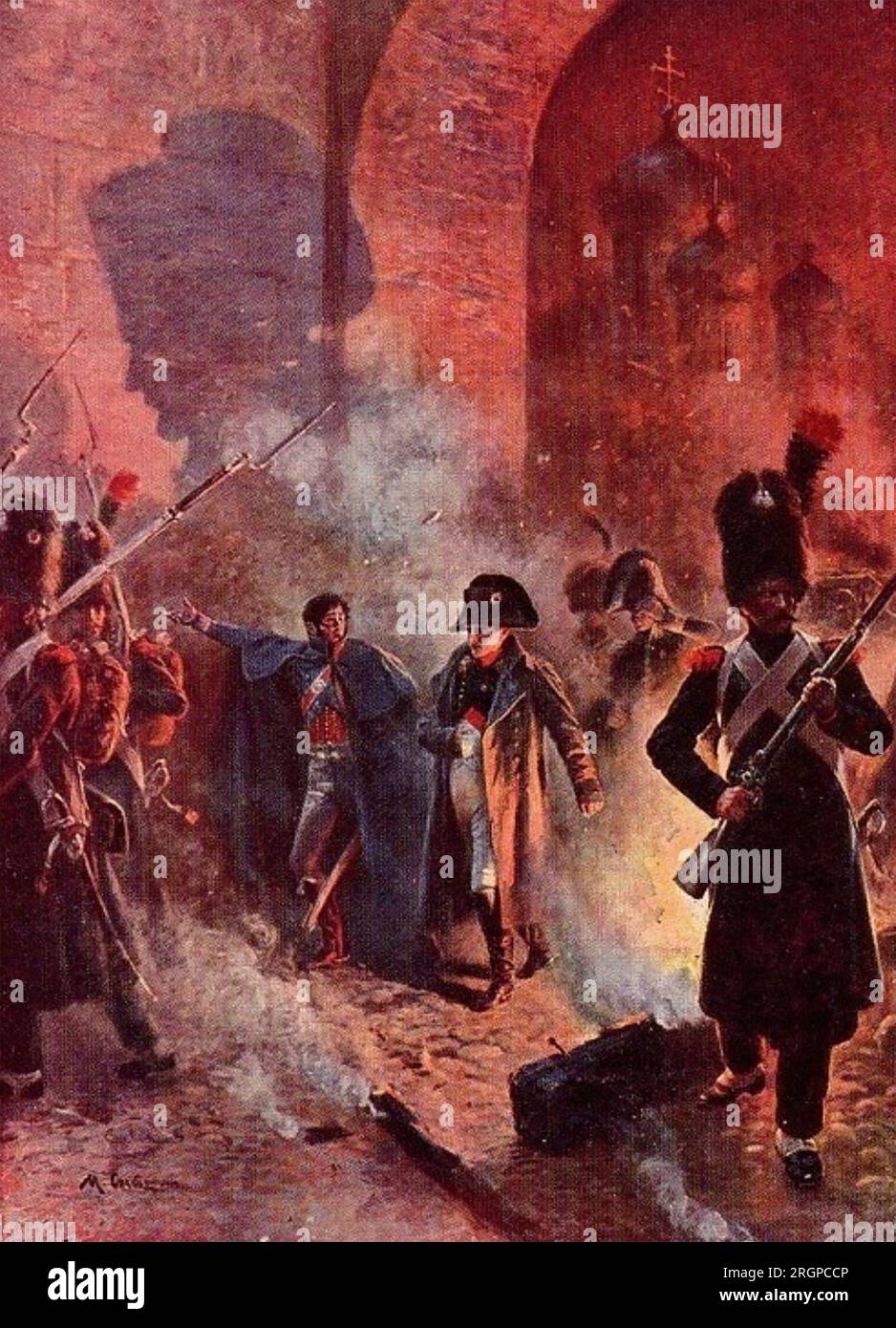NAPOLEONE BONAPARTE (1769-1821) lasciò il Cremlino di Mosca mentre la città brucia nel 1812. Illustrazione di Maurice Orange Foto Stock