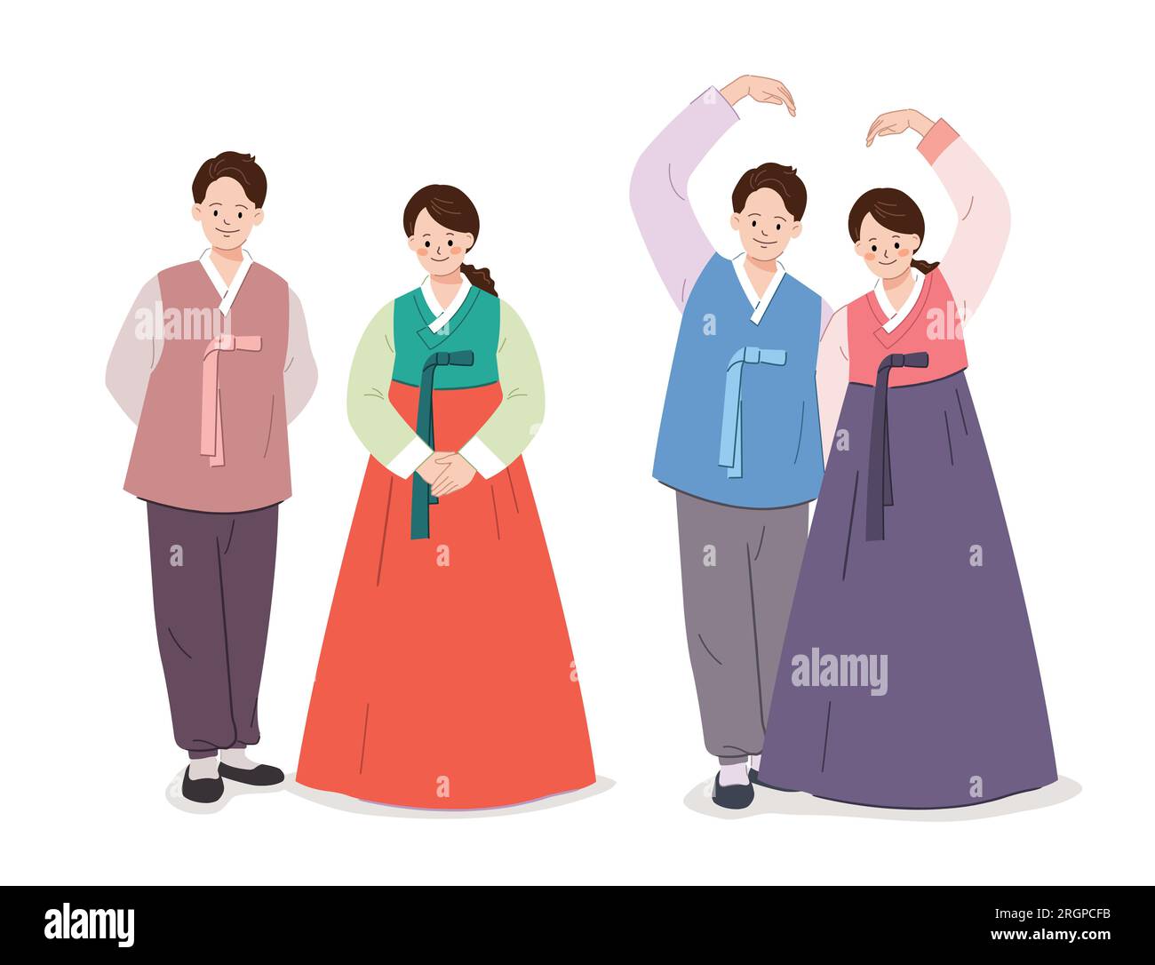 Coppia che indossa hanbok tradizionale coreano, coppia cuore, set di design Illustrazione Vettoriale