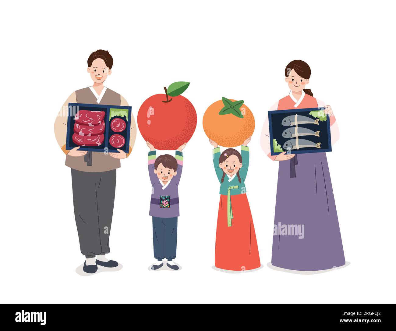 Giorno del Ringraziamento in Corea, la famiglia che indossa il tradizionale hanbok regge regali. Illustrazione Vettoriale