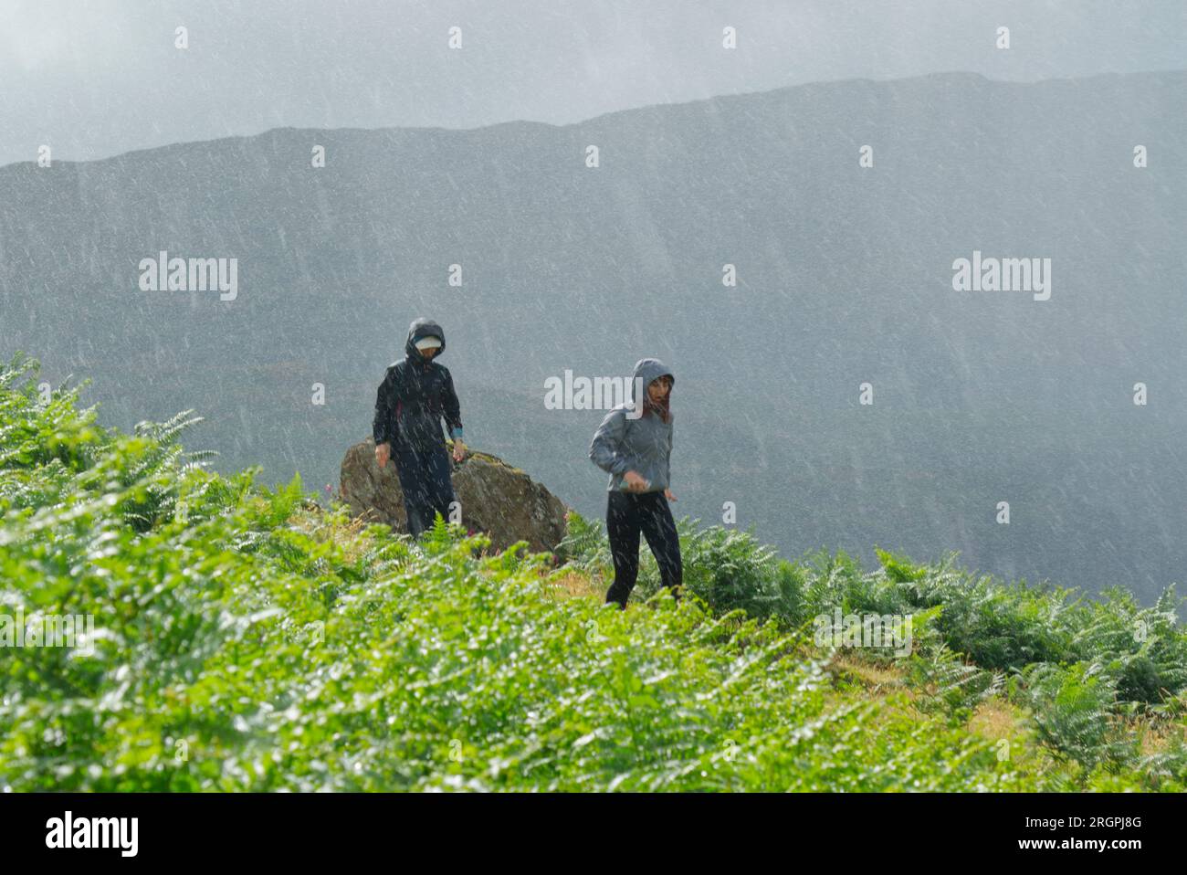 Madre e figlia che camminano nella doccia a pioggia, Lake District Foto Stock