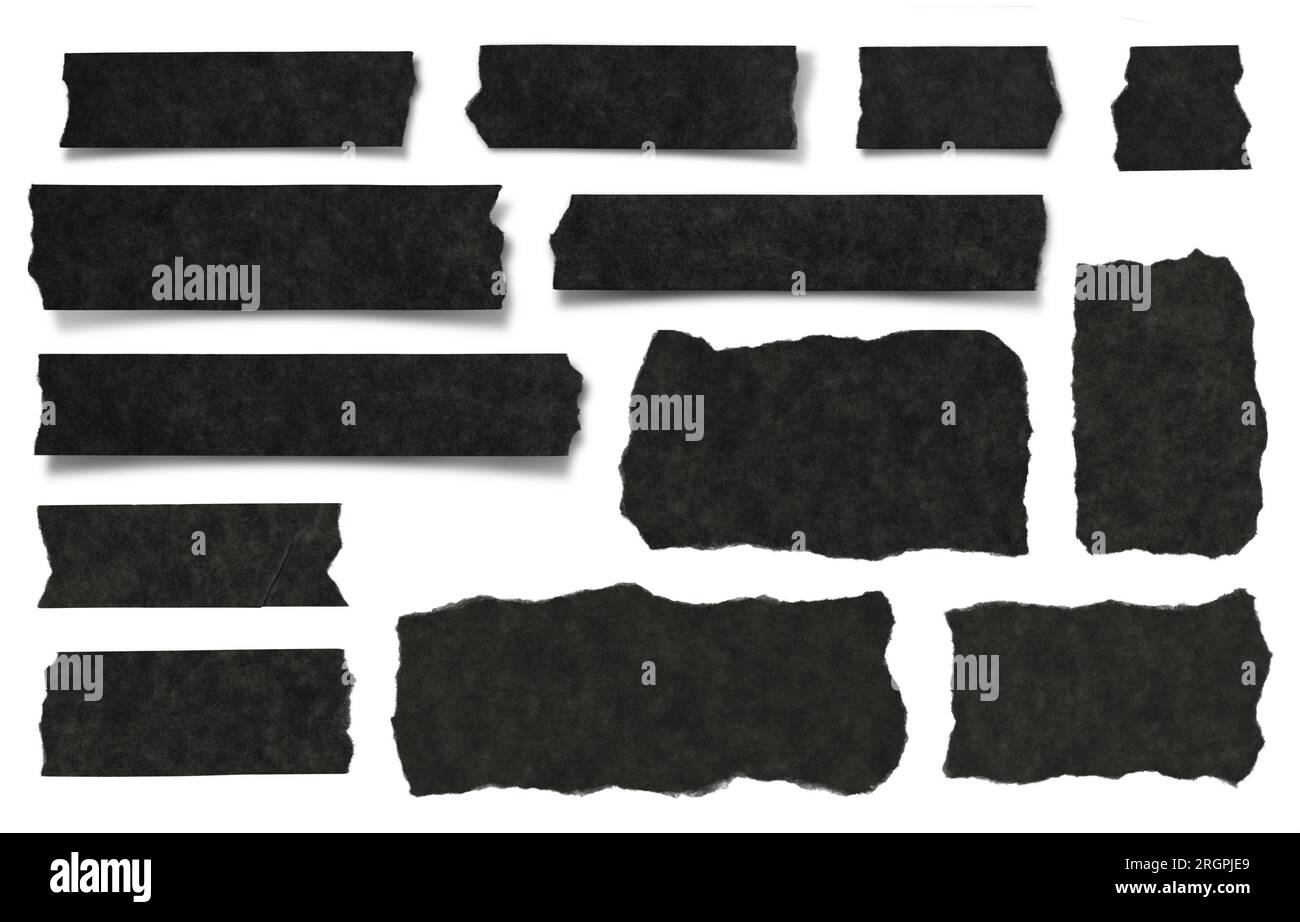 strisce di carta testurizzata nera strappata, rottami e nastro isolato su uno sfondo bianco, ideale per testo e messaggi, collage art, journaling, isolato Foto Stock