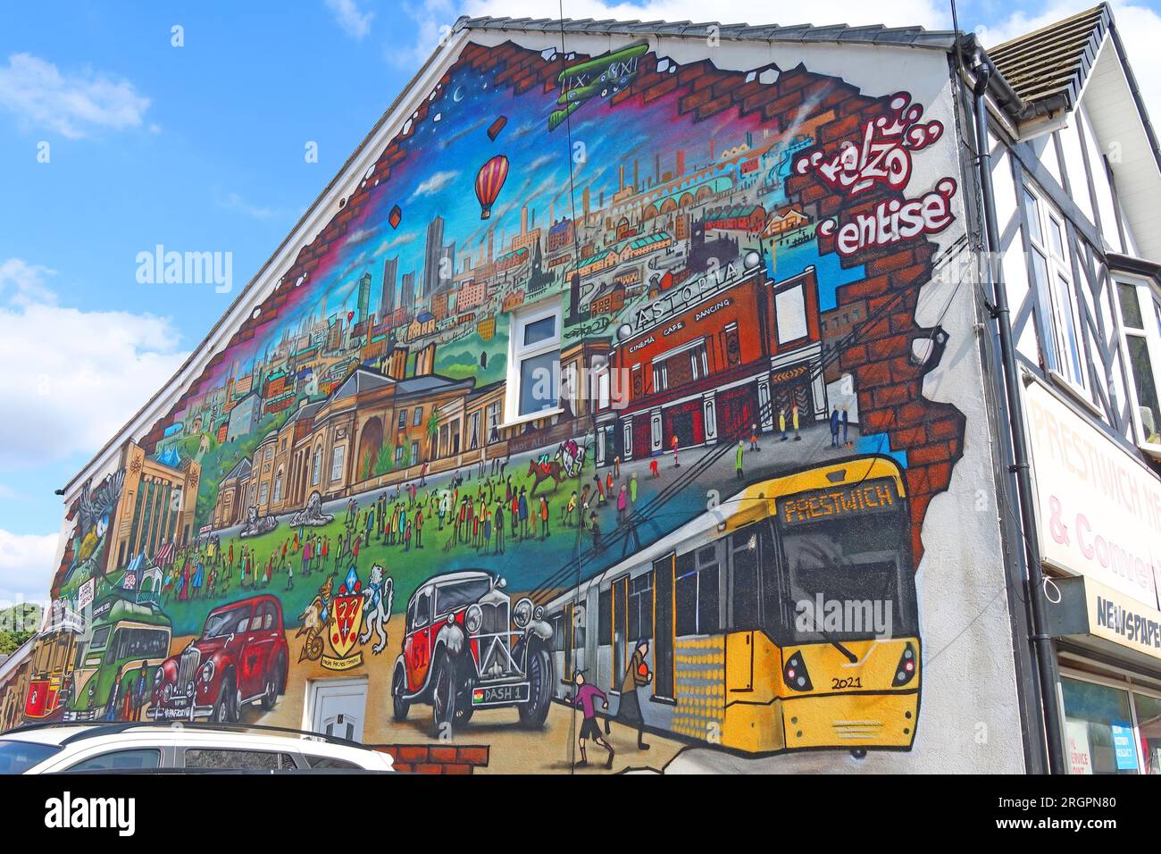 Prestwich Town Centre Arts Festival 2022 murales di kELzO, 6 Poppythorn Ln, Greater, Prestwich, Manchester, INGHILTERRA, REGNO UNITO, M25 3BS Foto Stock