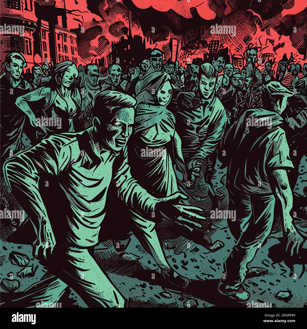 Scena di Zombie Apocalypse illustrazione vettoriale in stile fumetto Illustrazione Vettoriale