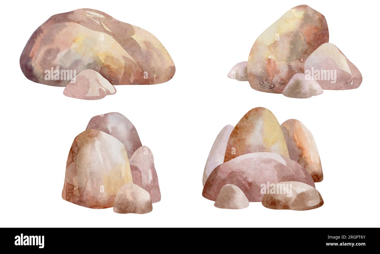 Set di acquerelli di pietre geologiche, illustrazioni di pietre isolate su sfondo bianco. Forme geometriche astratte. Raccolta di concetti di pietra. Foto Stock