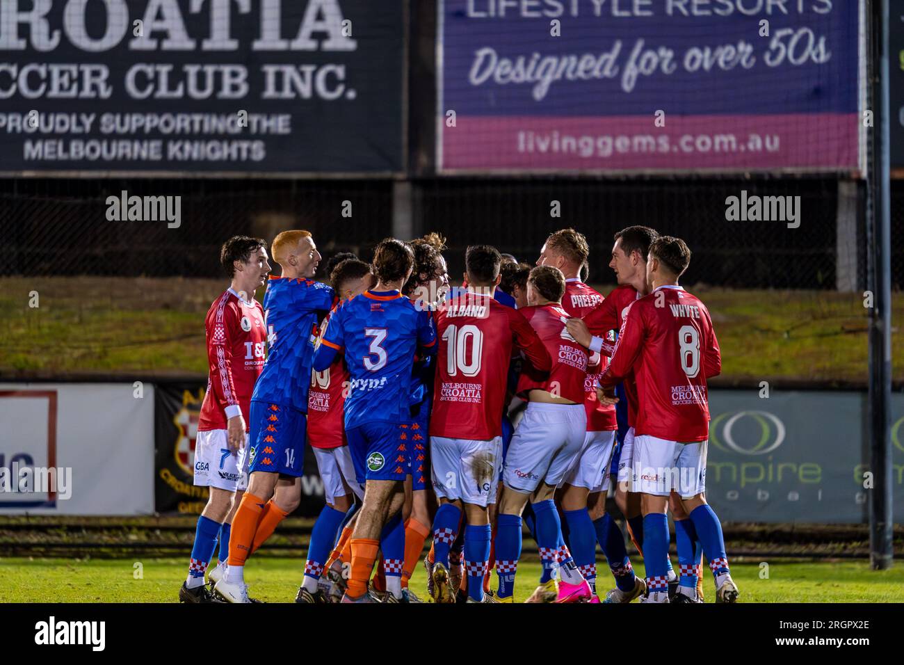 10 agosto 2023. Melbourne Knights Football Club, Victoria, Australia. Melbourne Knights vs Lions FC durante l'Australia Cup Round del 32 al Melbourne Knights Football Club, Sunshine North. Foto Stock