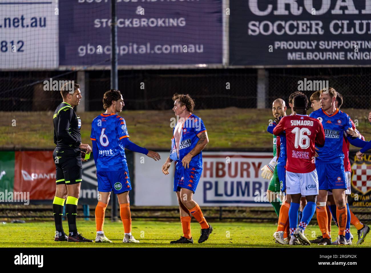 10 agosto 2023. Melbourne Knights Football Club, Victoria, Australia. Melbourne Knights vs Lions FC durante l'Australia Cup Round del 32 al Melbourne Knights Football Club, Sunshine North. Foto Stock