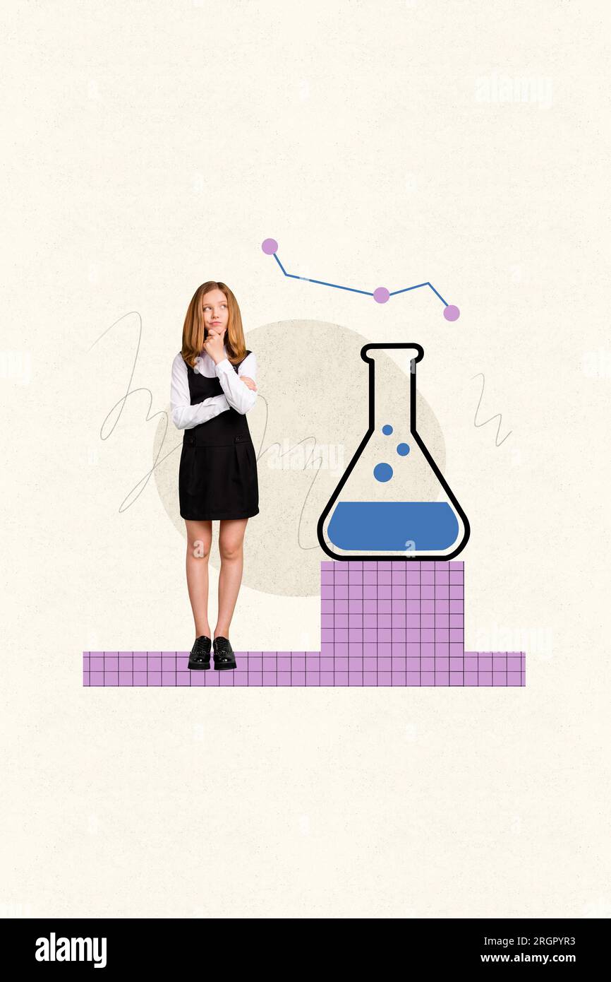 Collage thinking Schoolgirl Education Mented Looking Molecule formula di reagente chimico fiasca vaporizzante liquido isolato su sfondo beige Foto Stock