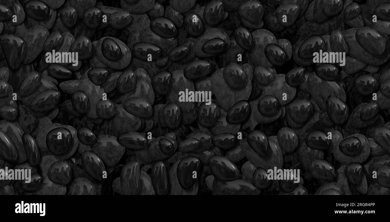 Trama di sfondo di piccole ciottoli di colore nero scuro senza cuciture. Splendido motivo di ripetizione della carta da parati widescreen con ghiaia zen lucida. Alta r Foto Stock