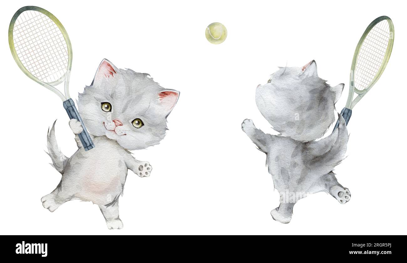 Piccolo tennista grigio gattino con racchetta e illustrazione ad acquerello. Disegnata a mano isolata su uno sfondo bianco. cartoni animati per bambini Foto Stock