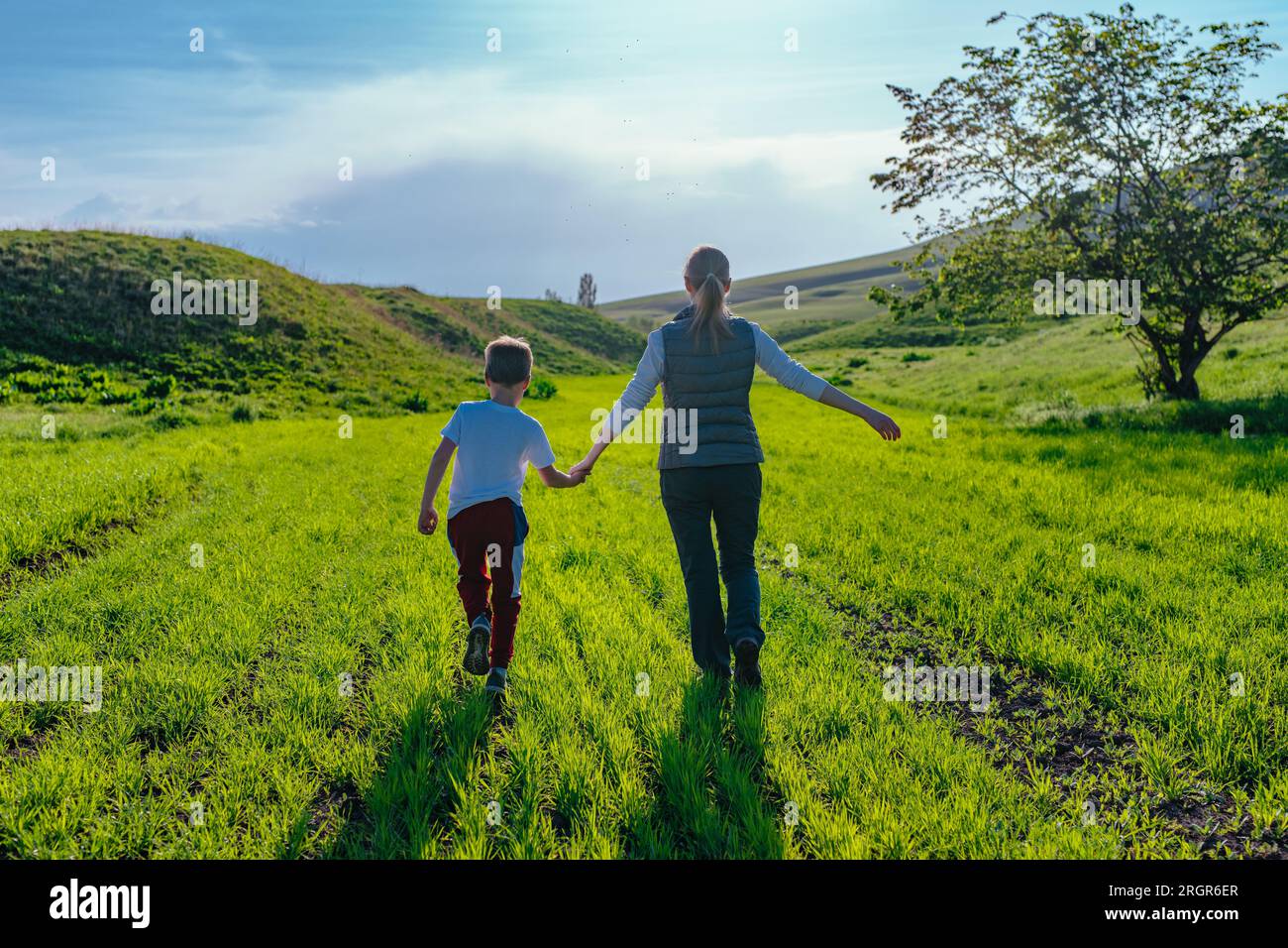 Madre e figlio che camminano nel campo tenendosi per mano Foto Stock