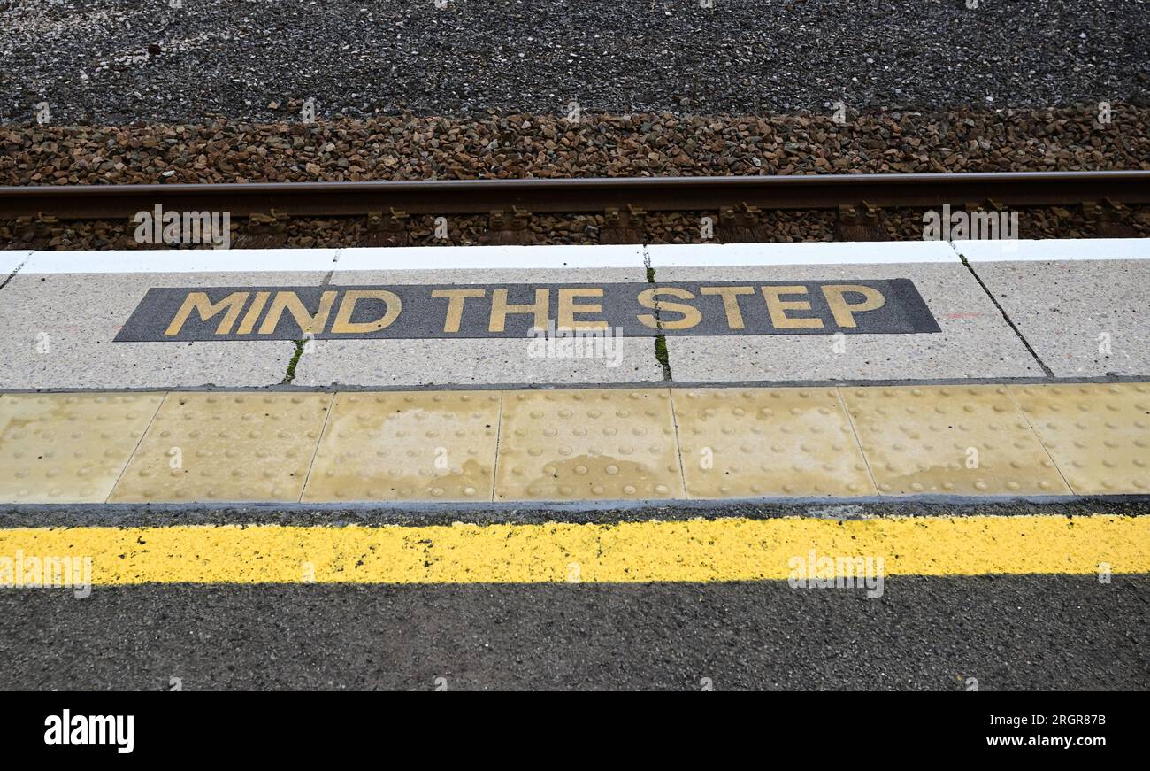 Cartello "Mind the Step" sul bordo della piattaforma alla stazione ferroviaria di Torquay, più linea gialla e pavimentazione tattile. Foto Stock