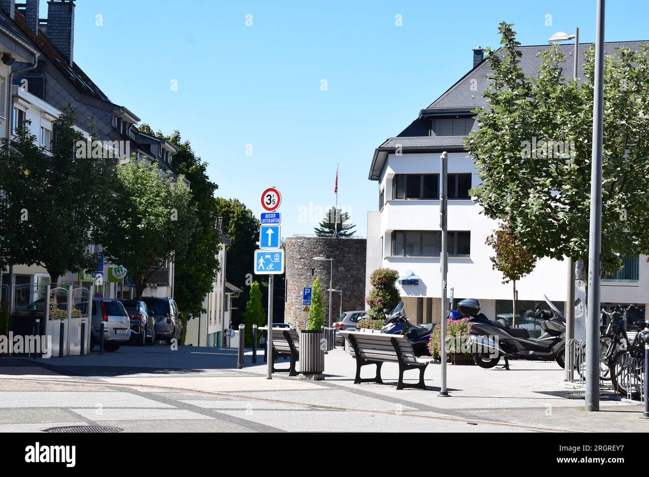 una piccola strada tranquilla con alberi e panchine per il parco Foto Stock
