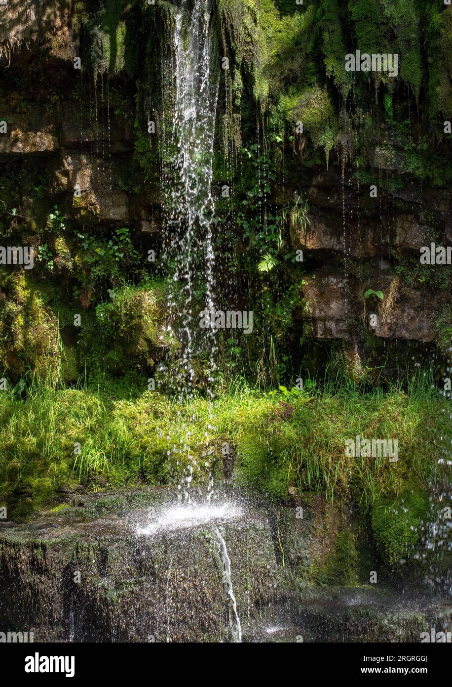 Foto ravvicinata delle Upper Gushing Falls (Sgwd Ddwli Uchaf), River Neath (Afon Nedd Fechan), Brecon Beacons, vicino a Pontneddfechan, Galles del Sud nelle giornate di sole Foto Stock