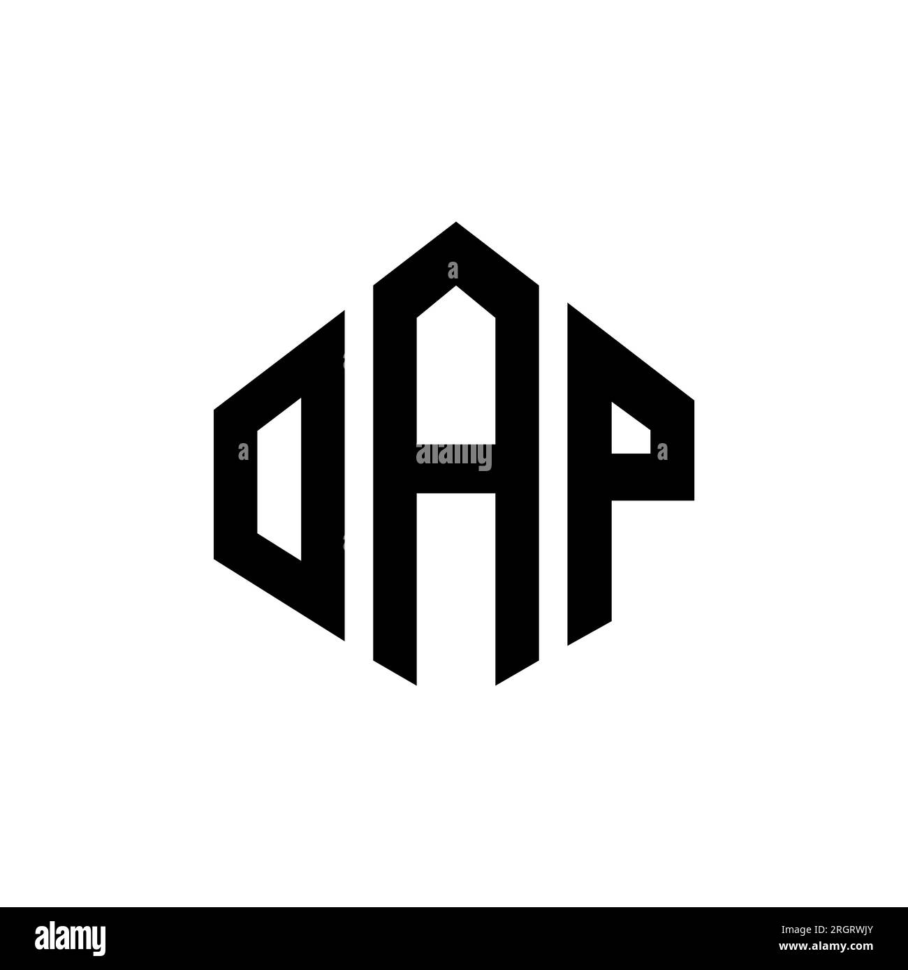Logo OAP Letter con forma poligonale. Design con logo a forma di cubo e poligono pensionati. Modello logo vettoriale esagonale OAP bianco e nero. Pap monogr Illustrazione Vettoriale