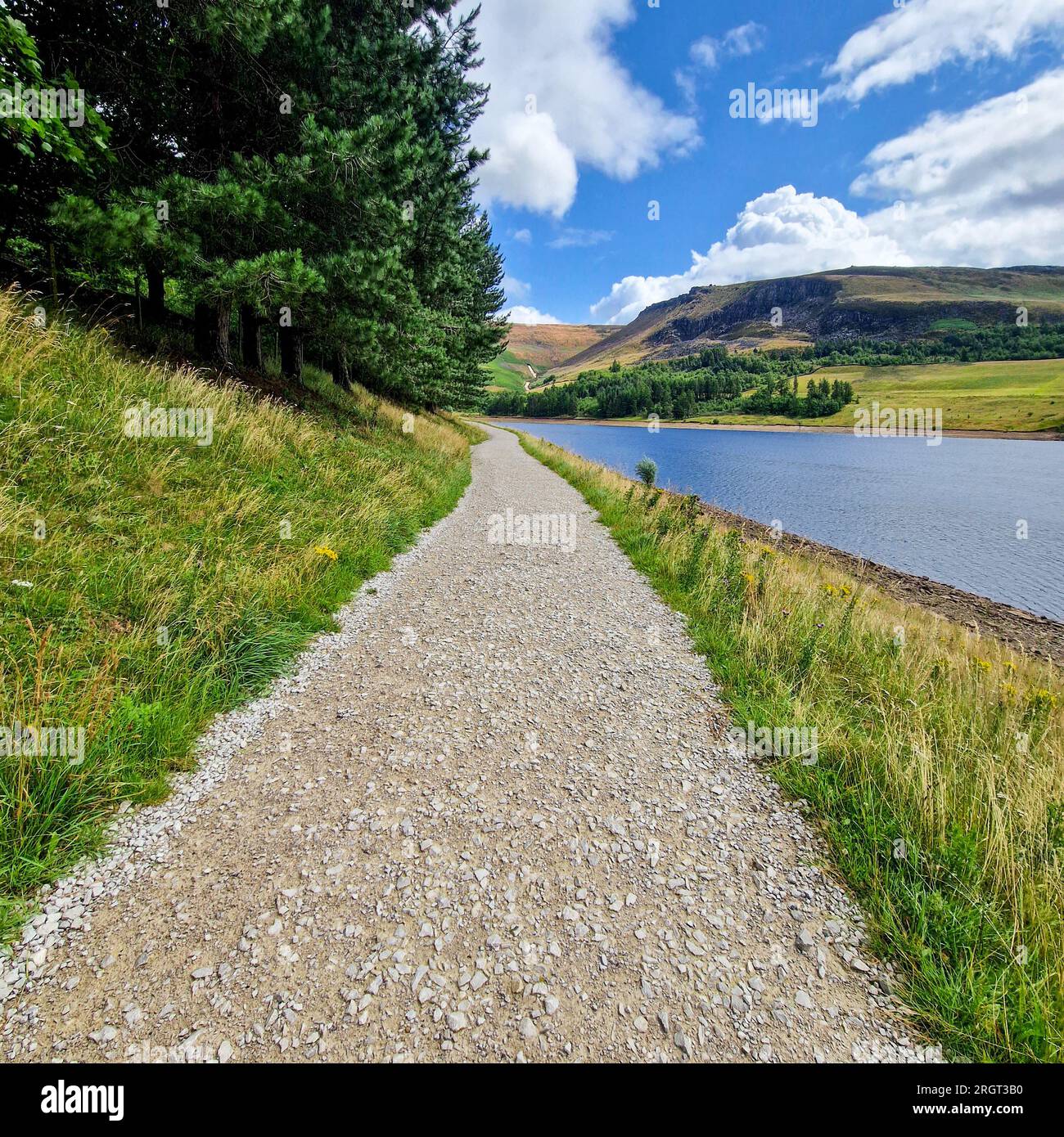 In una splendida giornata estiva, con il sole che splende brillantemente e alcune nuvole delicate che punteggiano il cielo azzurro, una passeggiata presso il lago artificiale Dovestone offre un'esperienza indimenticabile Foto Stock