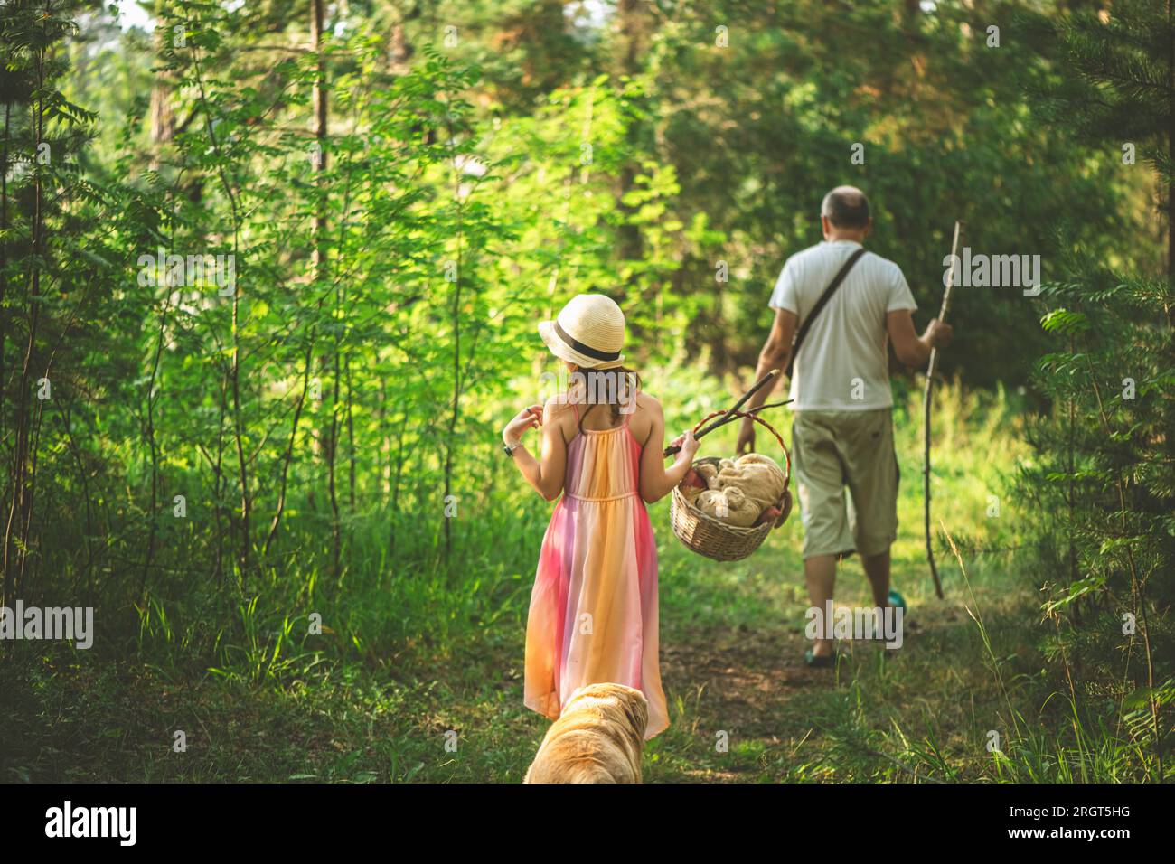 Una ragazza e suo padre vanno con i cesti attraverso un villaggio di vacanze fino alla foresta per i funghi Foto Stock