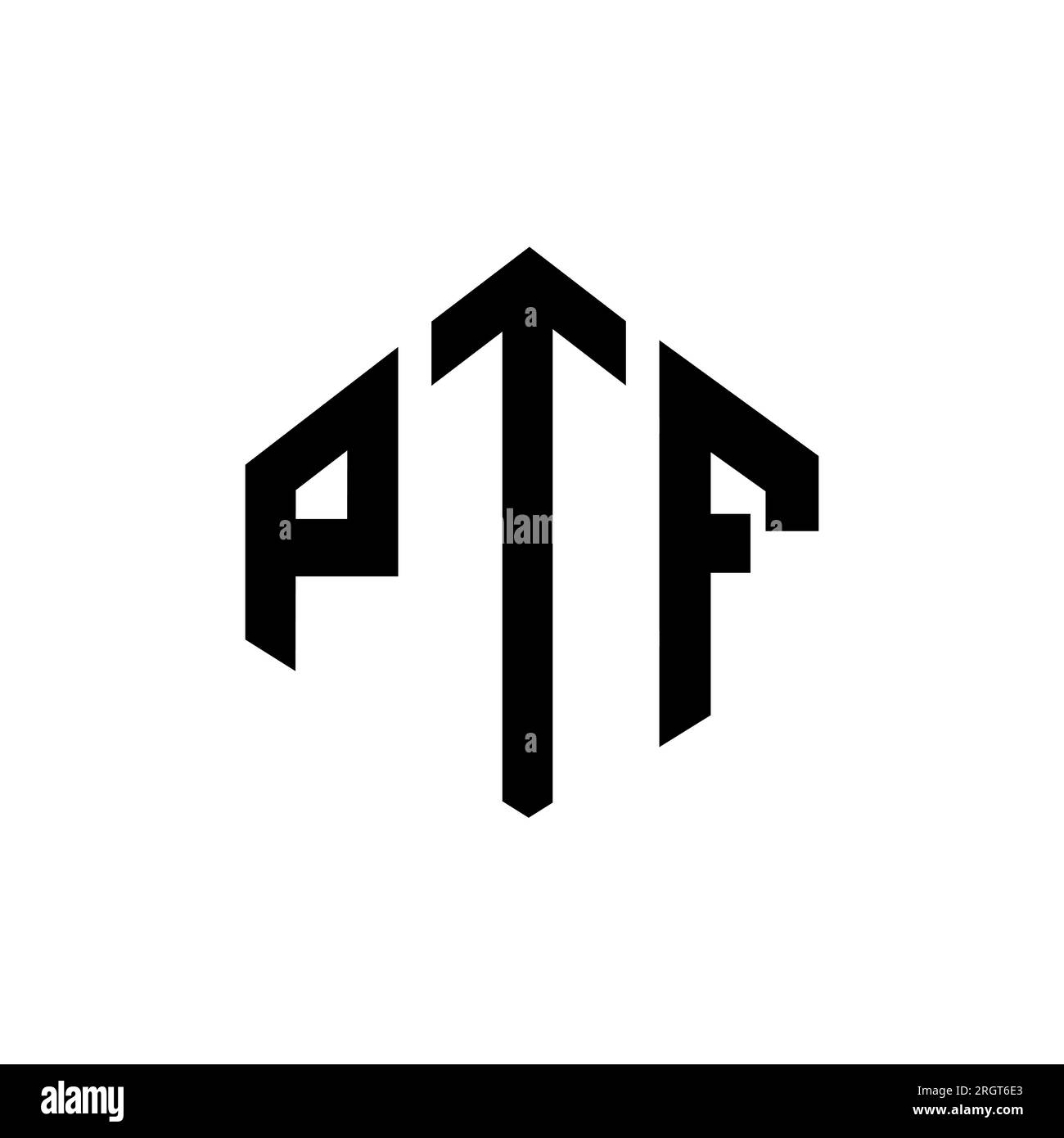 Logo PTF Letter con forma poligonale. Design con logo a forma di cubo e poligono PTF. Modello con logo vettoriale esagonale PTF in bianco e nero. PTF monogr Illustrazione Vettoriale