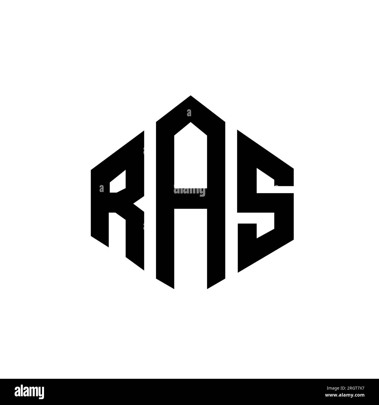 Logo RAS Letter con forma poligonale. Design con logo a forma di cubo e poligono RAS. Template logo vettoriale esagonale RAS colori bianco e nero. Monogr RAS Illustrazione Vettoriale