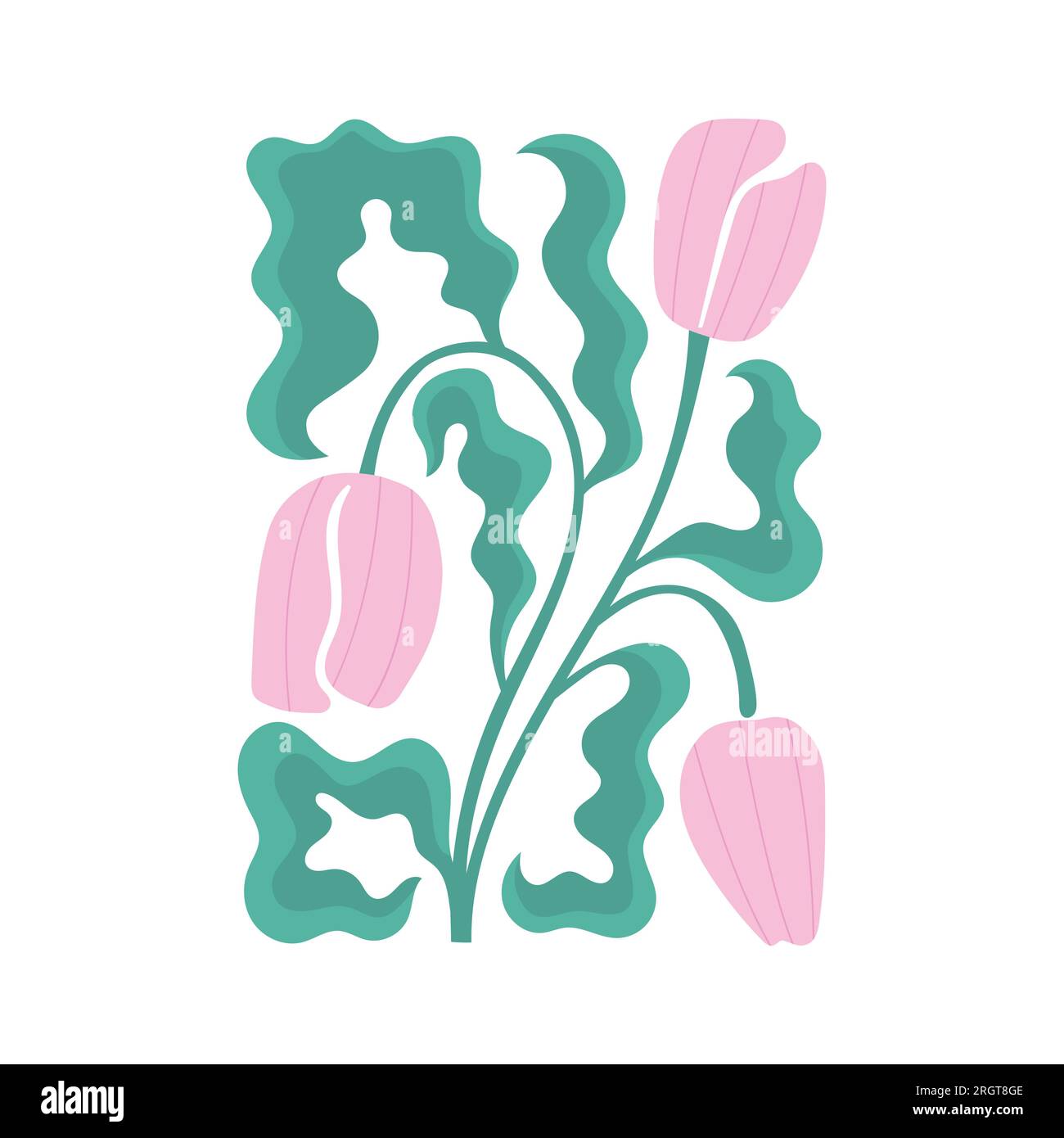 Poster vettoriale moderno, arte murale con tulipani astratti, foglie. Decorazioni floreali alla moda. Illustrazione Vettoriale