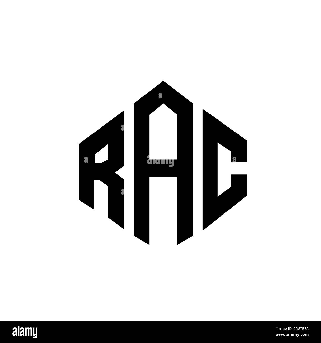 Logo RAC Letter con forma poligonale. Design con logo a forma di cubo e poligono RAC. Modello con logo vettoriale esagonale RAC in bianco e nero. RAC monogr Illustrazione Vettoriale