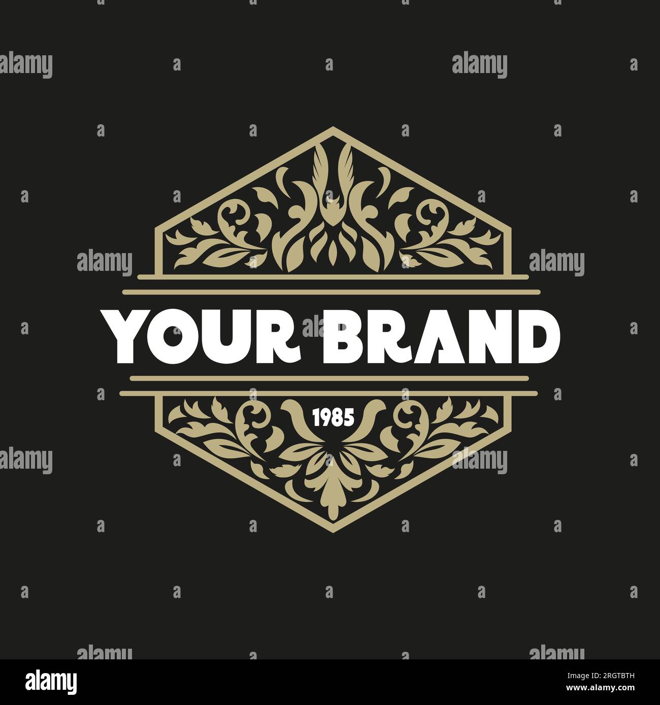 Montatura esagonale con bordo vintage decorata in stile classico e lussuoso stemma reale vintage con emblema timbro etichetta con logo Vector Illustrazione Vettoriale