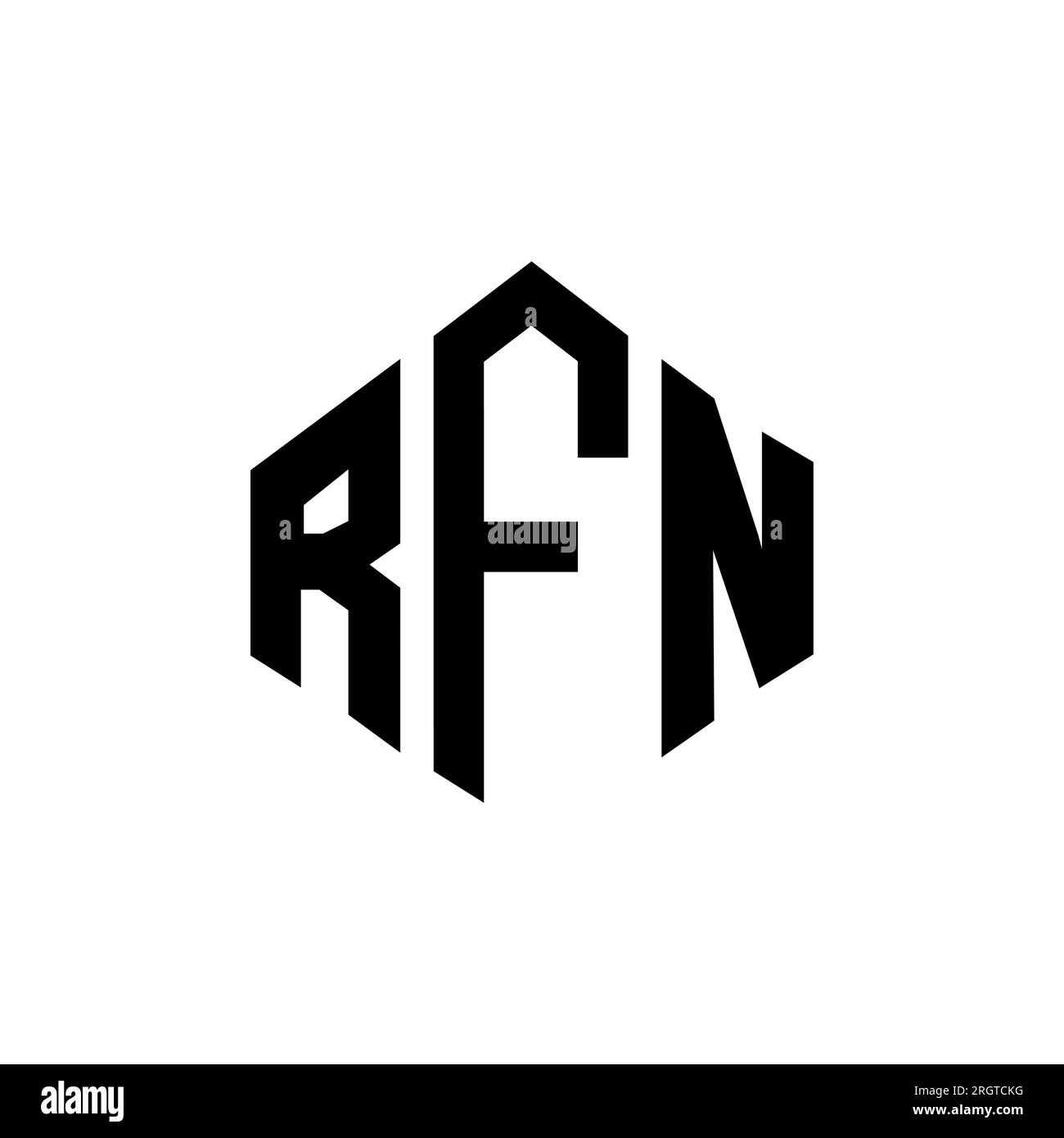 Logo RFN Letter con forma poligonale. Design del logo a forma di cubo e poligono RFN. Modello logo vettoriale esagonale RFN colori bianco e nero. RFN monogr Illustrazione Vettoriale