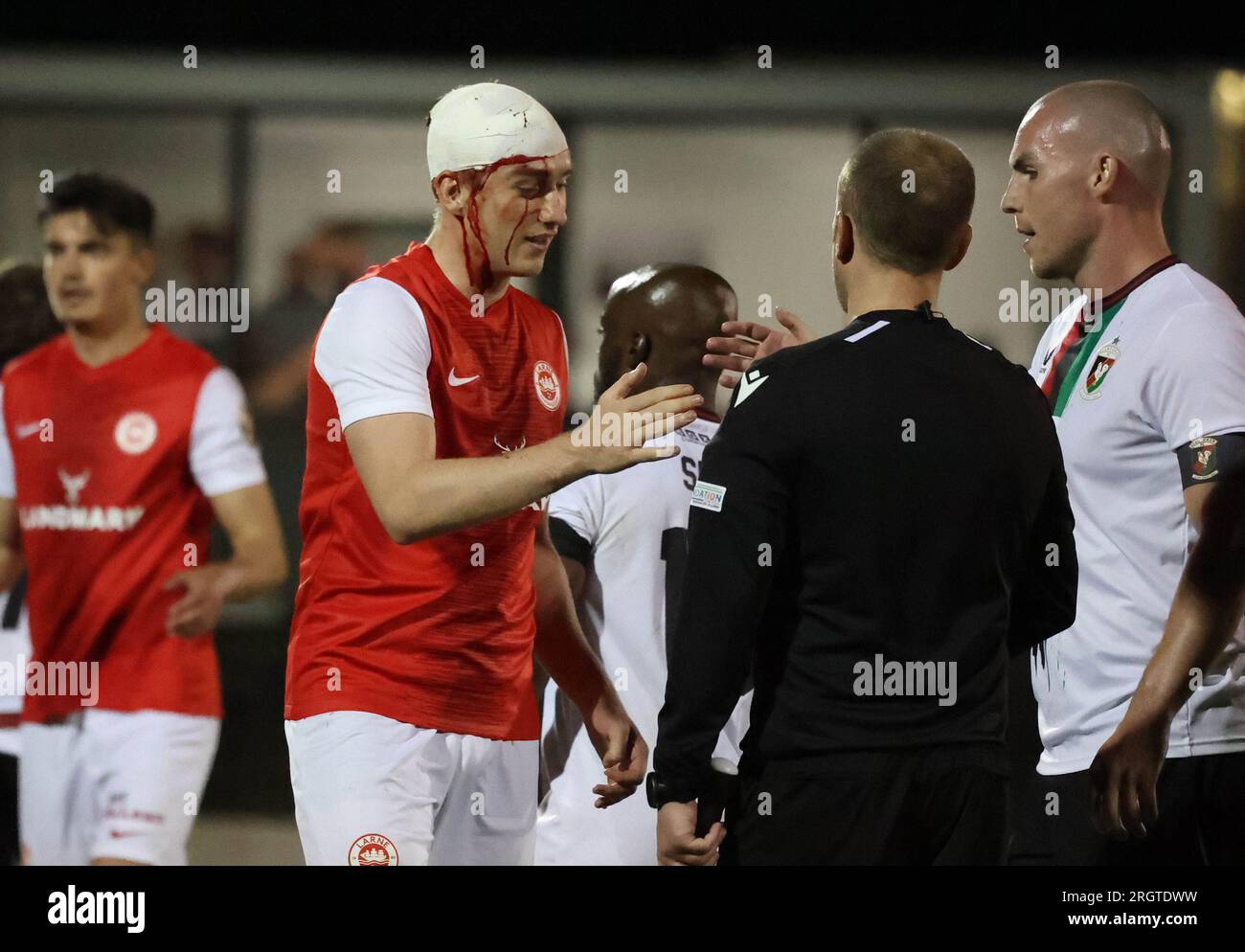 BetMcLean Oval, Belfast, Irlanda del Nord, Regno Unito. 11 agosto 2023. Sports Direct Premiership – Glentoran V Larne, azione Premiership dal gioco di stasera a Belfast. (Glentoran in bianco). Sangue alla fine - il marcatore di Larne Micheal Glynn. Credito: CAZIMB/Alamy Live News. Foto Stock