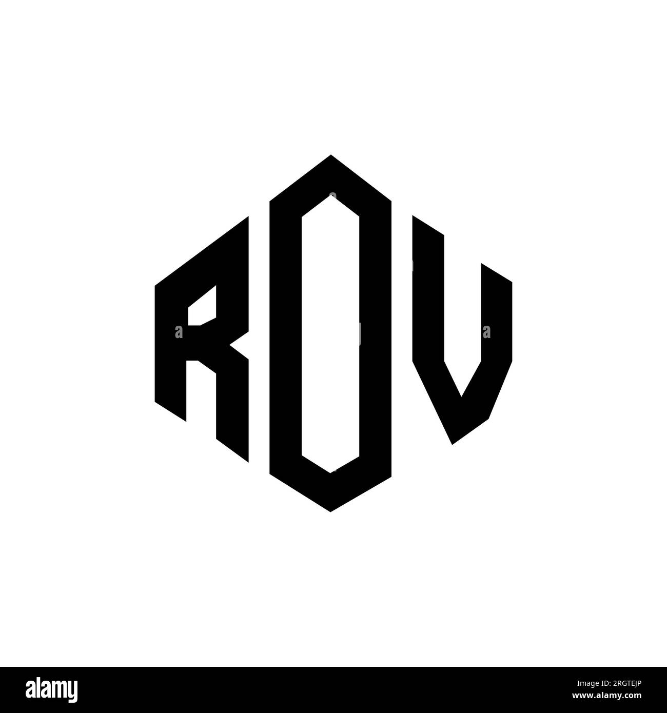 Logo ROV Letter con forma poligonale. Design con logo a forma di cubo e poligono ROV. Modello con logo vettoriale esagonale ROV in bianco e nero. ROV monogr Illustrazione Vettoriale