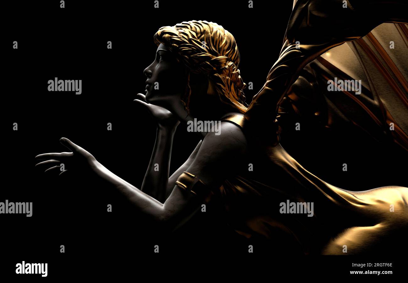 illustrazione in 3d di un'antica statua d'angelo femminile in marmo nero e oro su sfondo nero. Foto Stock