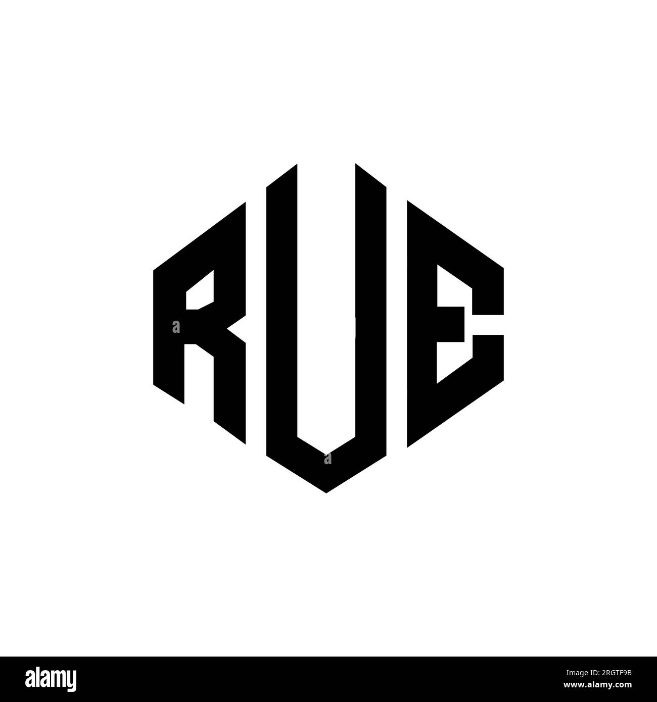 Logo RUE Letter con forma poligonale. Design del logo RUVIDO a forma di poligono e cubo. Modello con logo vettoriale esagonale RUE, colori bianco e nero. RUE monogr Illustrazione Vettoriale