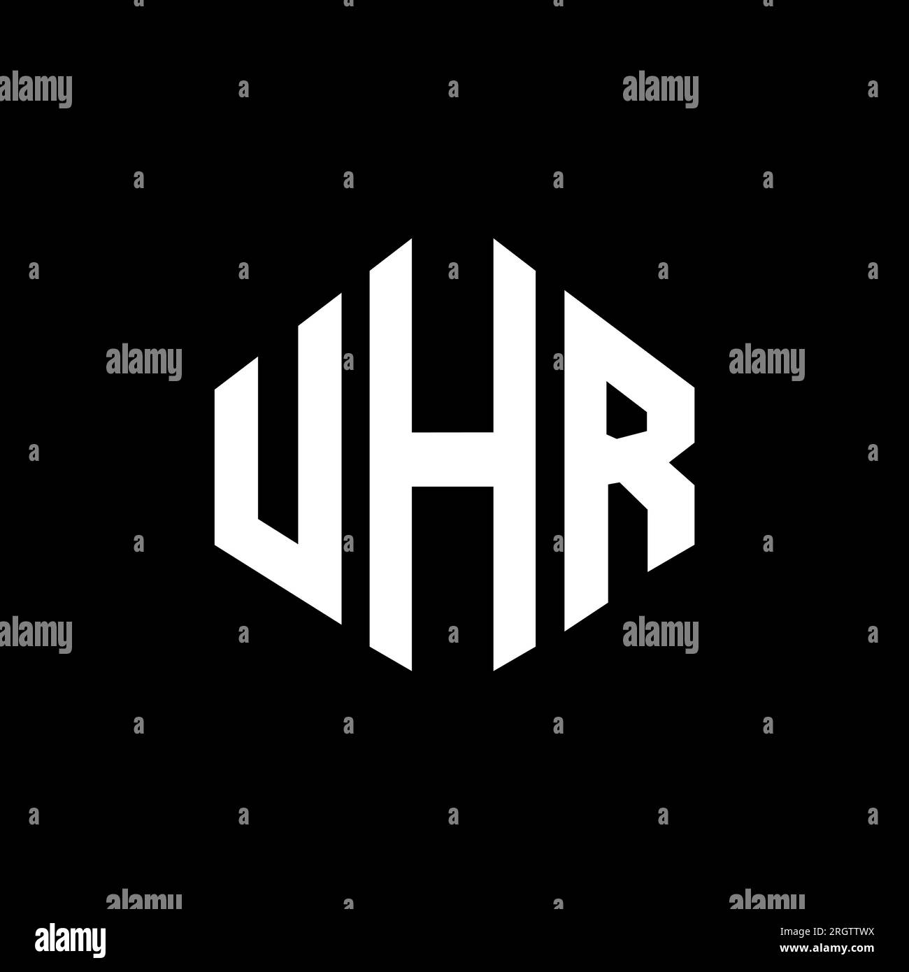 Logo UHR Letter con forma poligonale. Design con logo a forma di cubo e poligono UHR. Modello di logo vettoriale esagonale UHR in bianco e nero. UHR monogr Illustrazione Vettoriale