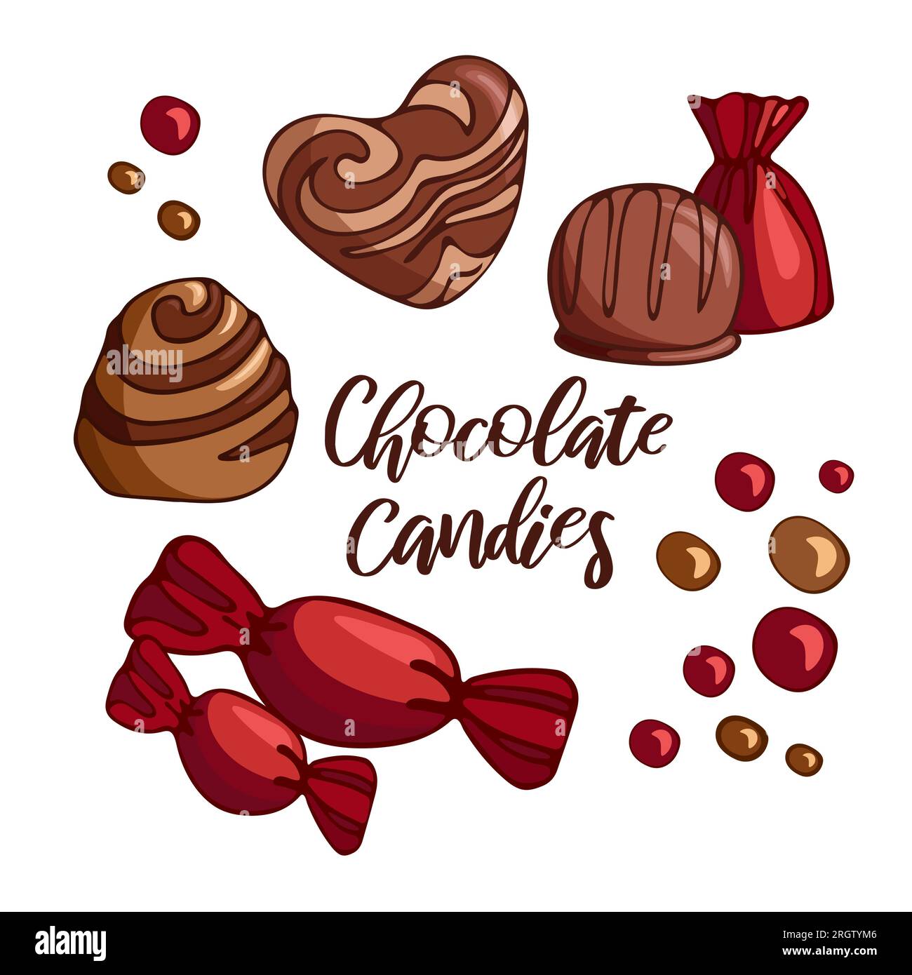 Prepara deliziosi e luminosi pezzi di caramelle al cioccolato al latte. Celebra la giornata mondiale del cioccolato. Illustrazione vettoriale del cibo da dessert. Per confezionamento, menu, cookbo Illustrazione Vettoriale