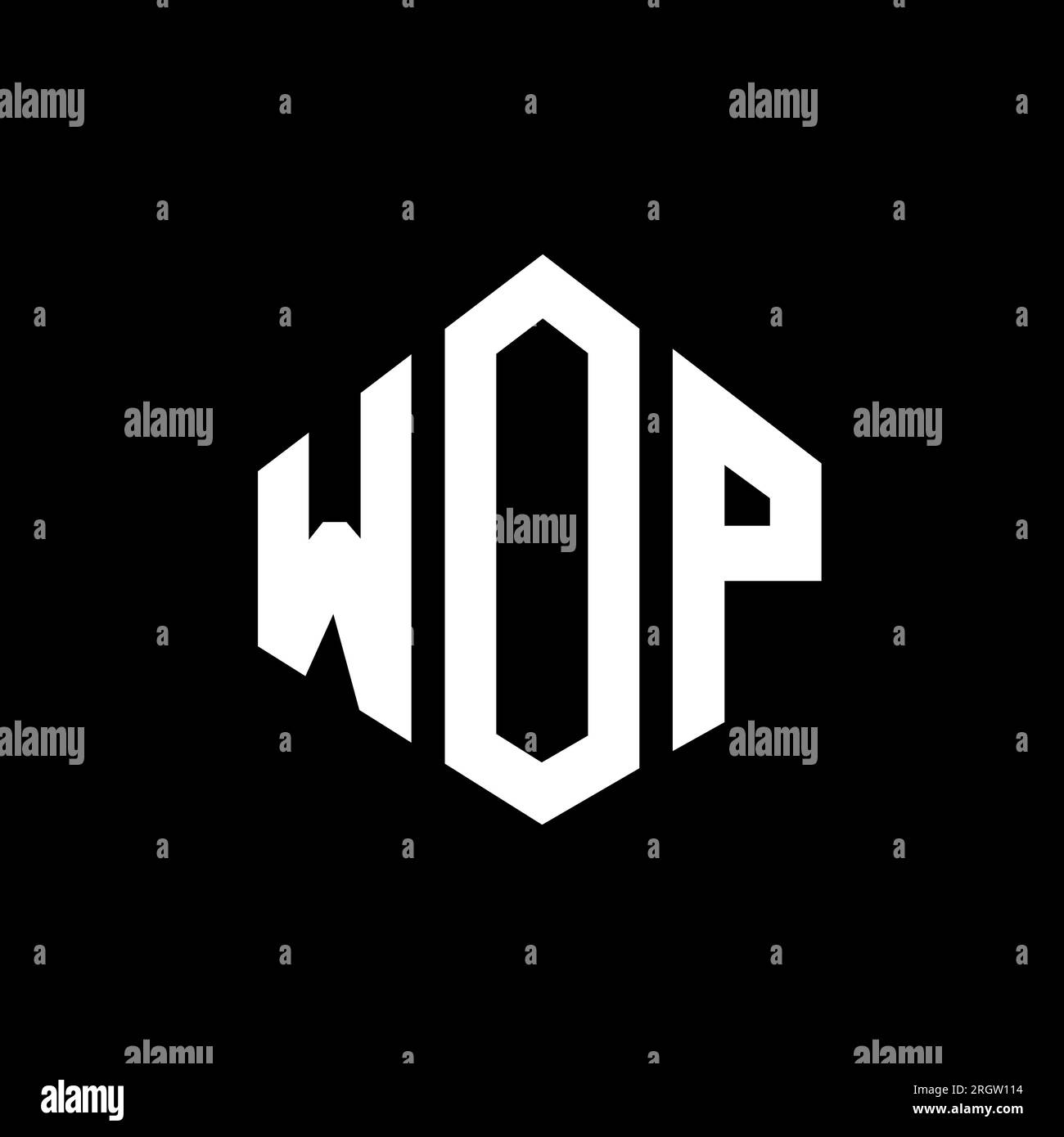 Logo WOP Letter con forma poligonale. Design del logo WOP a forma di cubo e poligono. Modello con logo vettoriale esagonale WOP in bianco e nero. WOP monogr Illustrazione Vettoriale