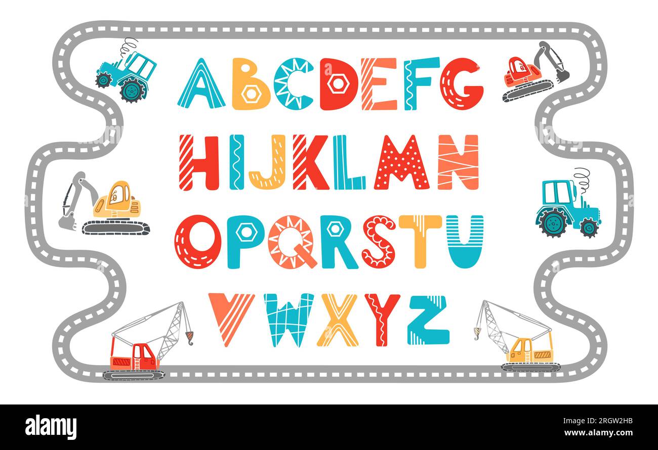 Alfabeto vivace e divertente, in stile scandinavo. Illustrazione vettoriale dei cartoni animati. Raccolta di macchinari per l'edilizia per bambini. Escavatore, trattore, gru. Per ki Illustrazione Vettoriale