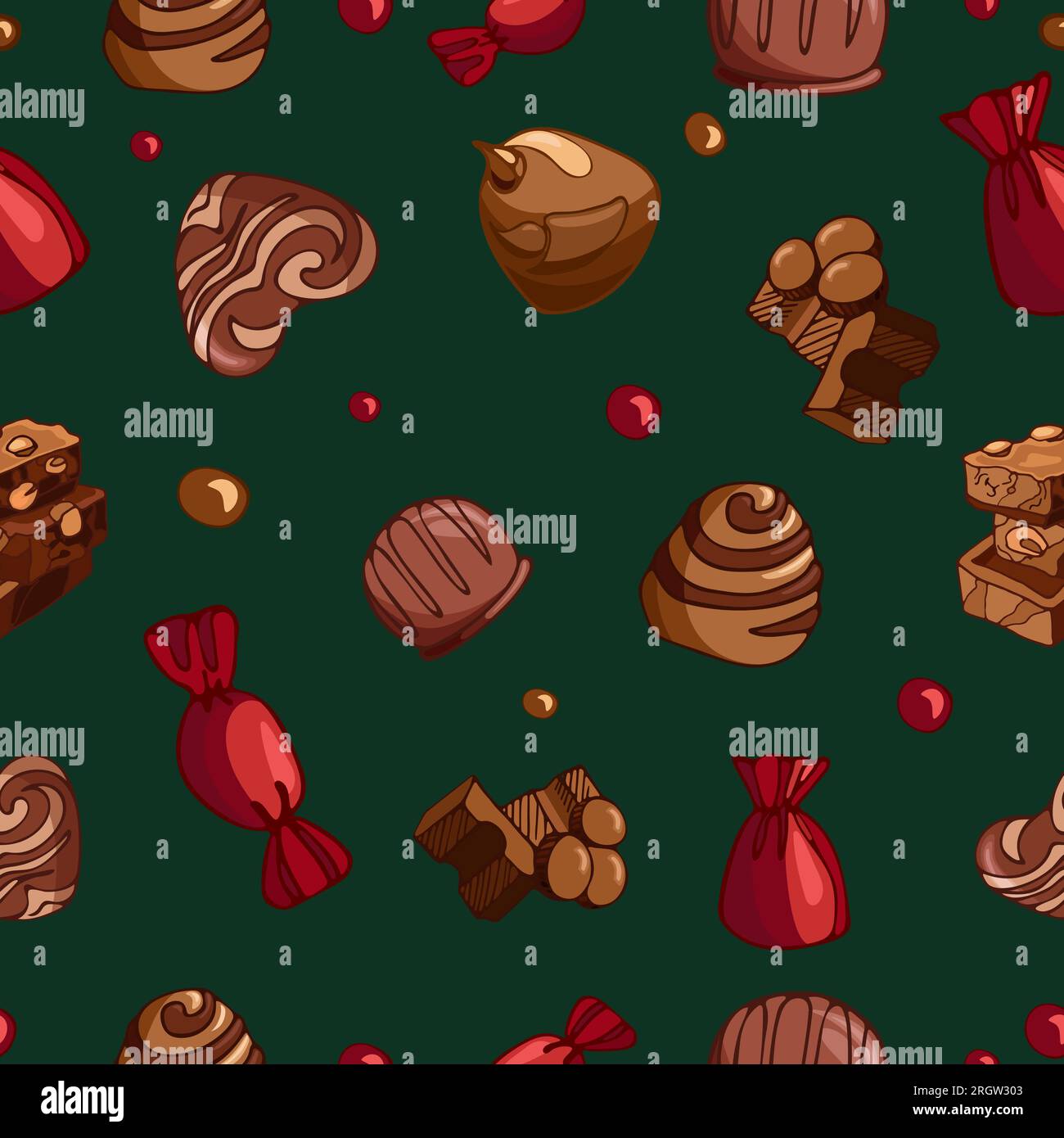 Motivo natalizio vettoriale senza cuciture, con crocchette di cioccolato al latte con noci, dolci e draghi. Giornata mondiale del cioccolato. Illustrazione del cibo da dessert. PA Illustrazione Vettoriale