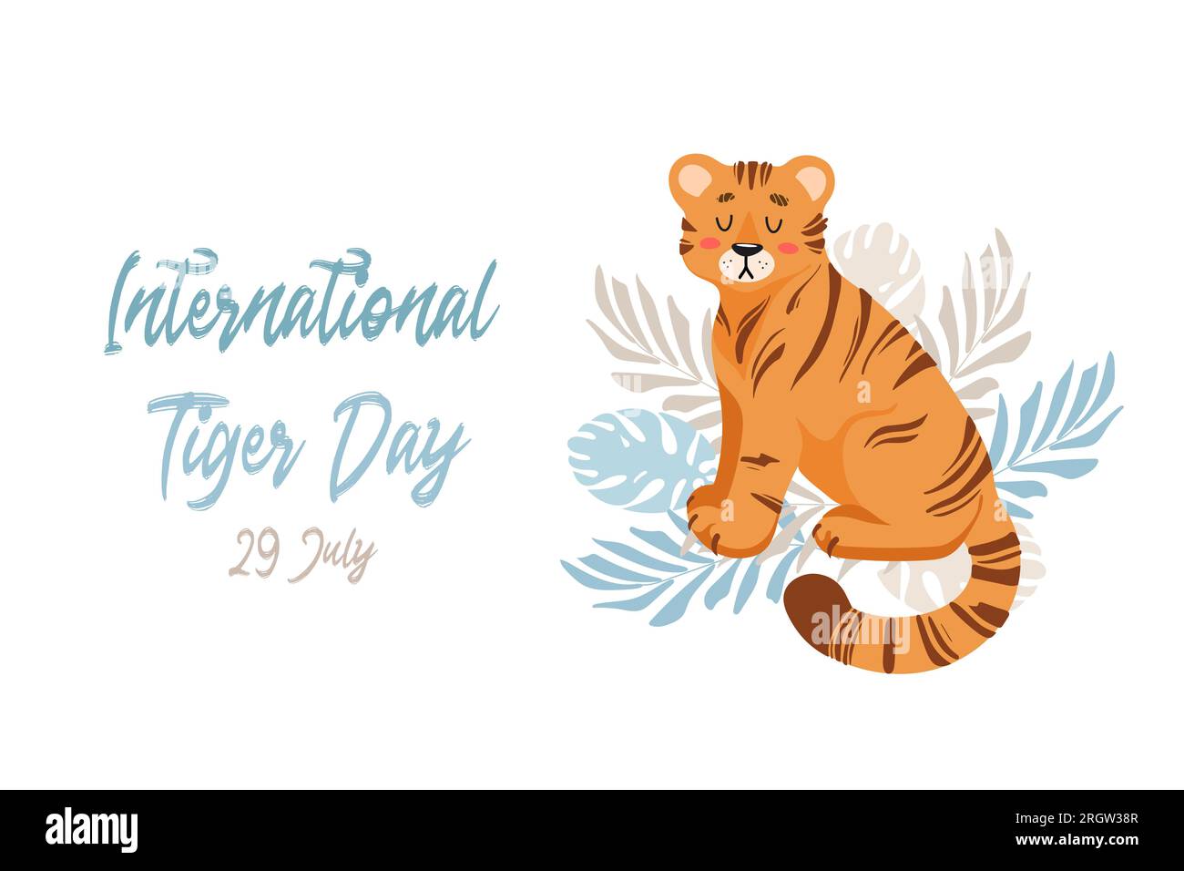 Illustrazione vettoriale di una graziosa tigre tra foglie tropicali di palma e monstera. Protezione degli animali. Ecologia. Giornata Internazionale della Tigre. Fauna selvatica mondiale. F Illustrazione Vettoriale