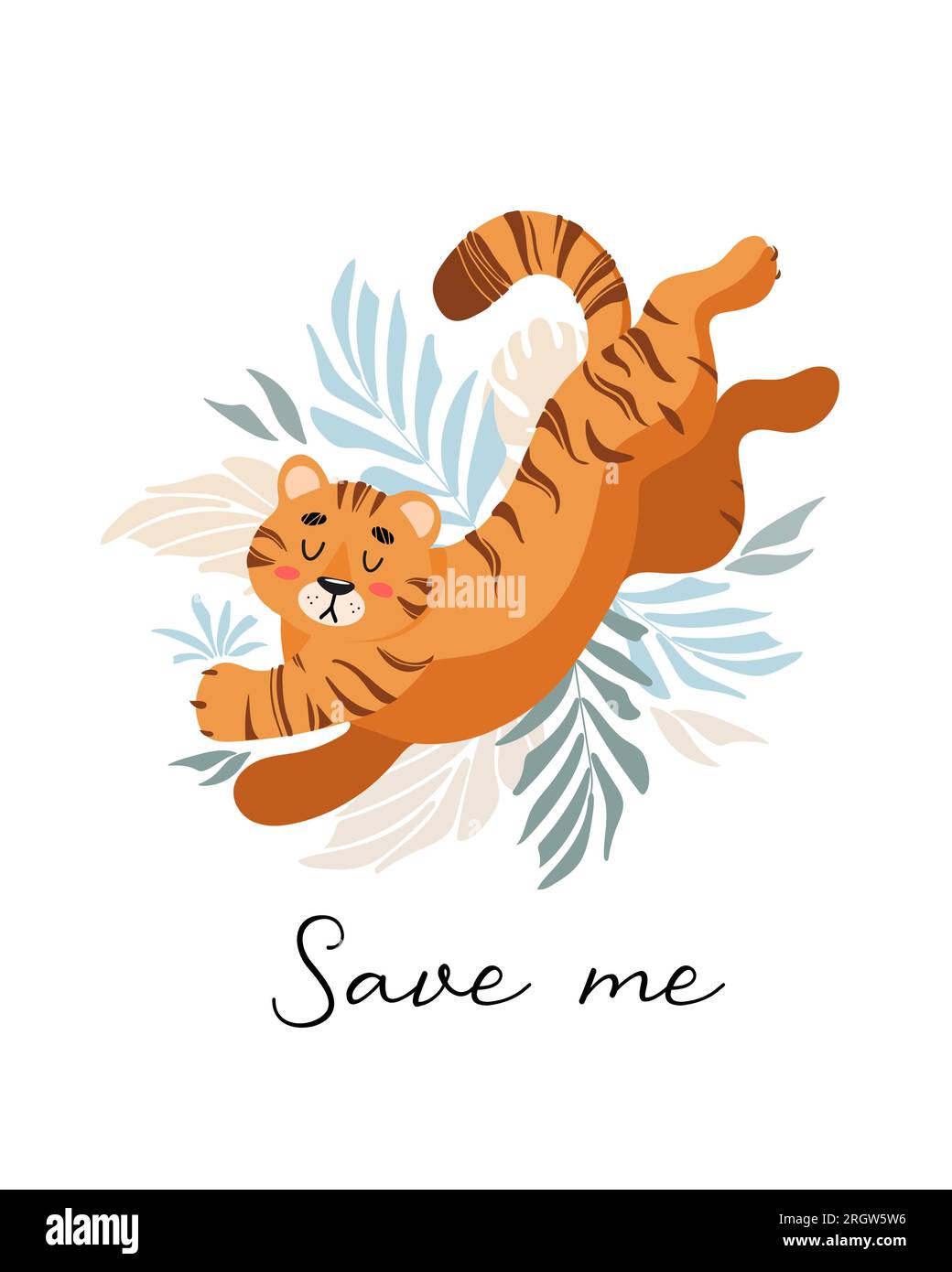 Illustrazione vettoriale di una graziosa tigre, foglie tropicali monstera di palma. Protezione degli animali. Ecologia. Giornata Internazionale della Tigre. World Wildlife, Animal Day. F Illustrazione Vettoriale