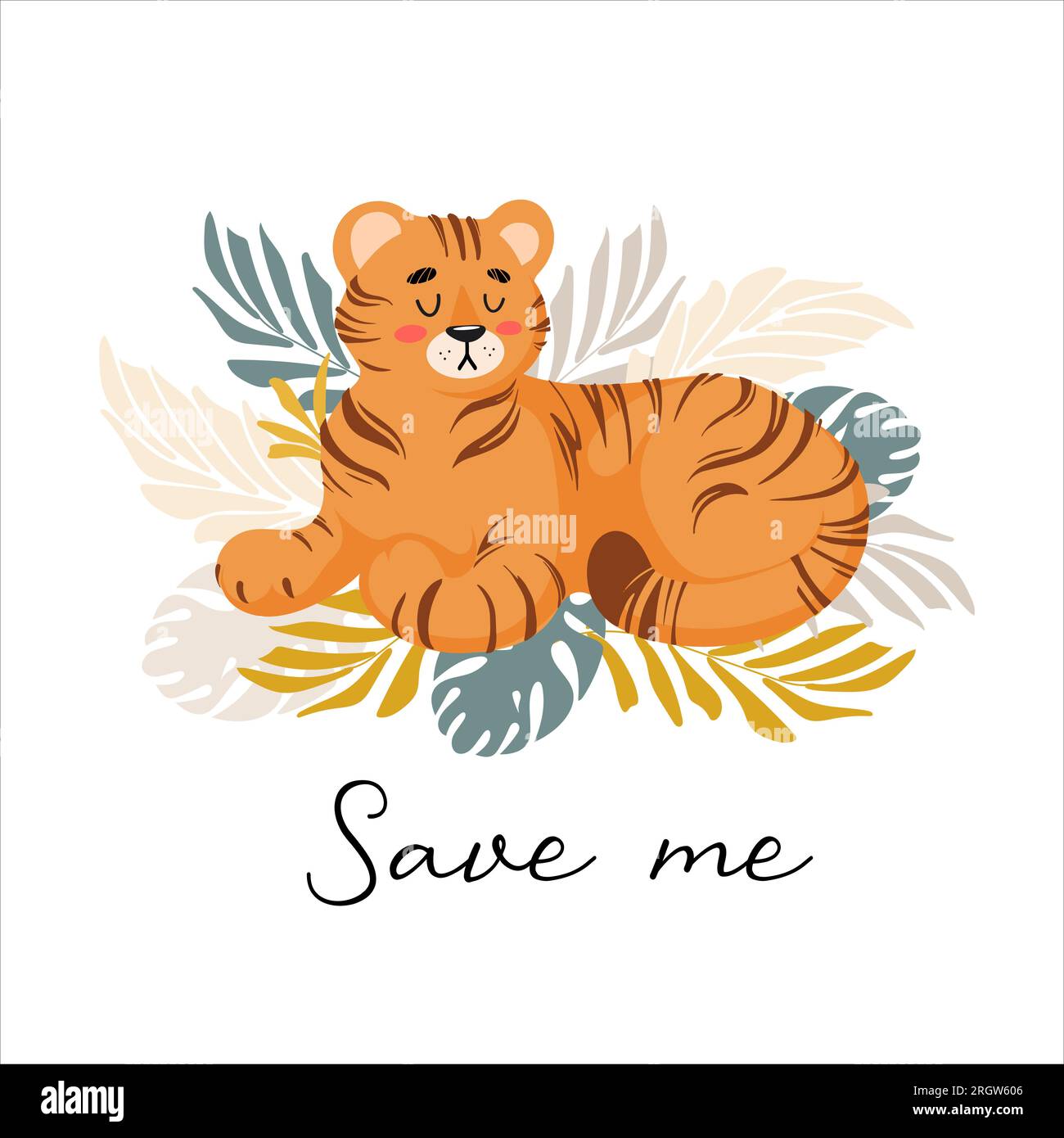 Illustrazione vettoriale di una graziosa tigre, foglie tropicali monstera di palma. Protezione degli animali. Ecologia. Giornata Internazionale della Tigre. World Wildlife, Animal Day. F Illustrazione Vettoriale