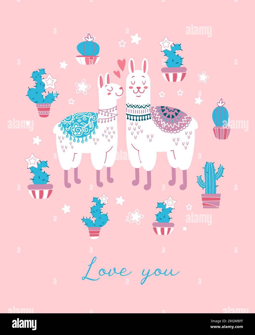 Illustrazione vettoriale carina per il giorno delle valentine. Concetto animalistico coppia di amanti. Cuori, lama, lettere. Ti voglio bene. Per cartoline, poster, stampe Illustrazione Vettoriale