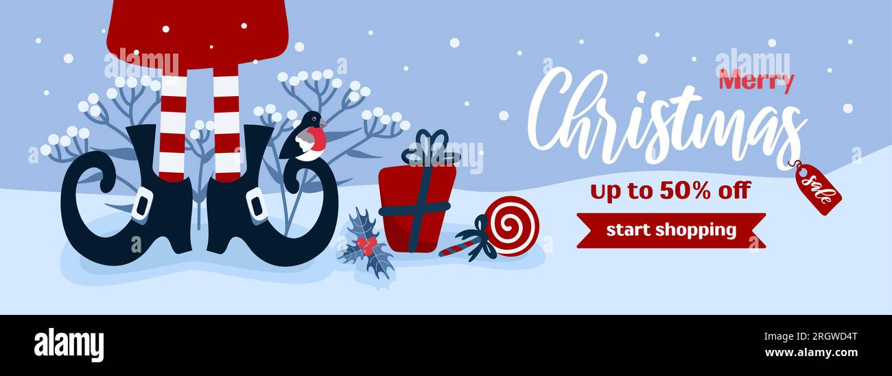 Buone offerte di Natale. Banner vettoriale orizzontale luminoso in stile cartone animato nei colori blu e rosso. Lollipop, regali, calze a righe, scarpe da elfo, holly. F Illustrazione Vettoriale