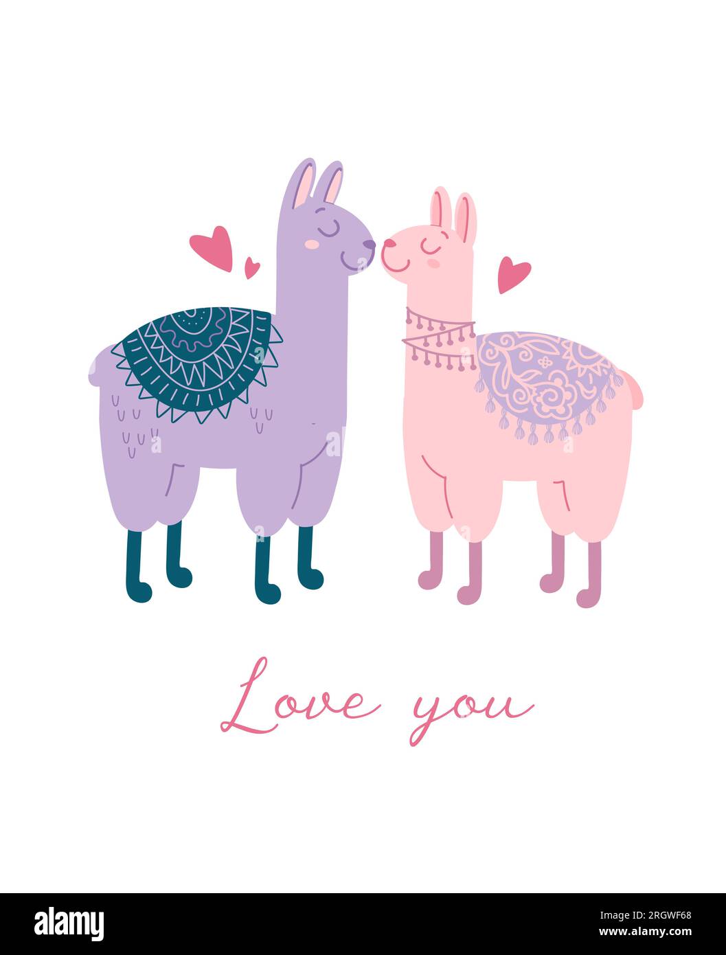Illustrazione vettoriale carina per il giorno delle valentine. Concetto animalistico coppia di amanti. Cuori, lama, lettere. Ti voglio bene. Per cartoline, poster, stampe Illustrazione Vettoriale
