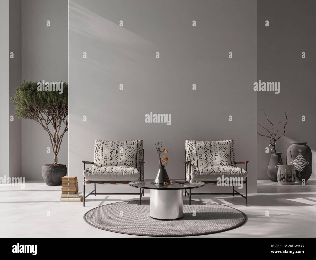 Design contemporaneo degli interni del soggiorno con pareti vuote grigie e pavimento in cemento. Bella decorazione. Foto Stock